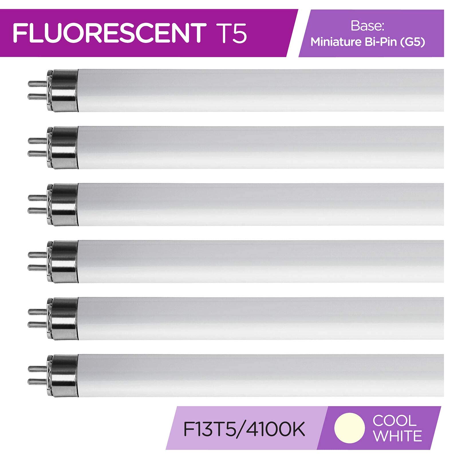 Kor (Pack Of 6) F13T5/Cw - T5 Fluorescent 4100K Cool White - 13 Watt - 21'' Super Long Life Light Bulbs