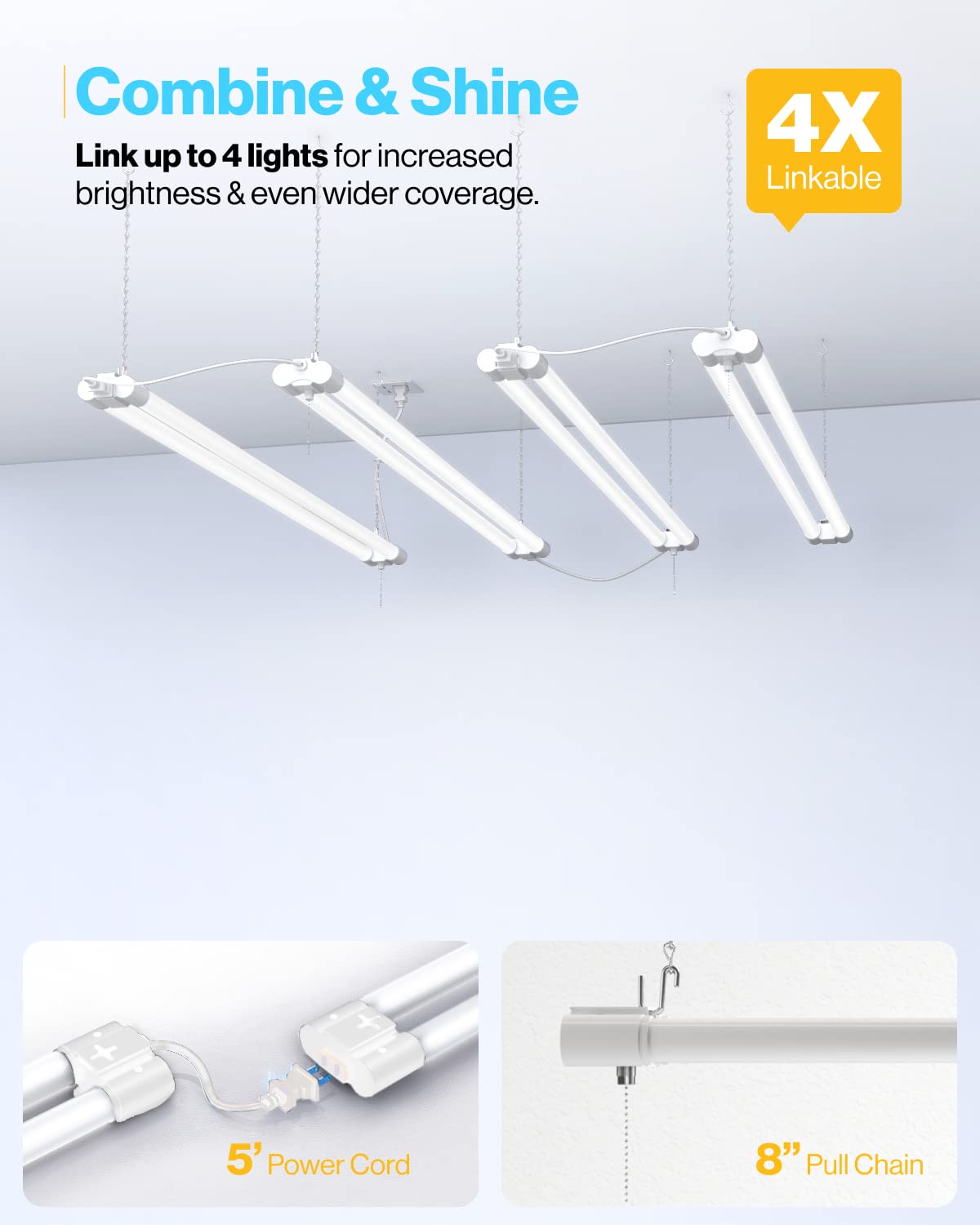 Sunco Lighting 4FT LED Shop Lights, 4500 LM, Linkable, 40W, Matte White, Model SH_F-40W-4K-4PK, Surface/Susp