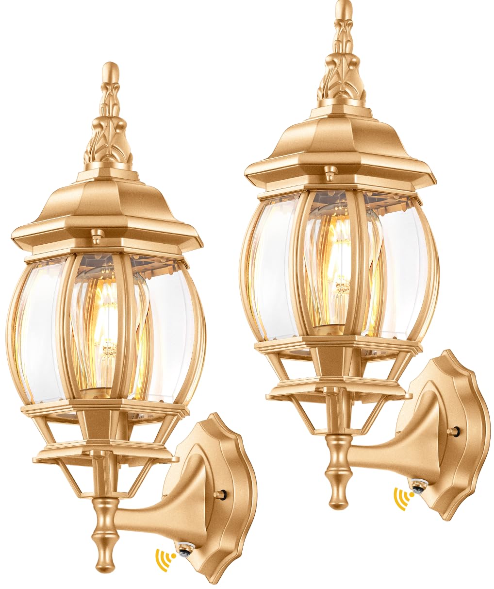 VIANIS 2 Pack Dusk to Dawn Porch Lights Outdoor, Gold Exterior Wall Lantern Wall Sconce, Modern Outdoor Wall Lamps Coach Lights 