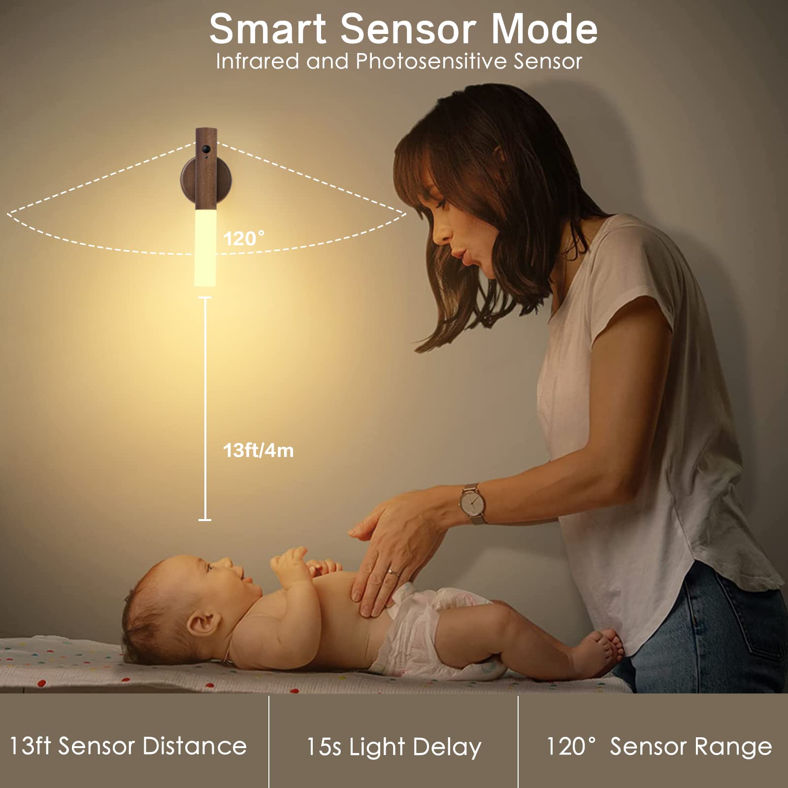 Montford Wall Sconce - Battery Operated Motion Sensor Night Light, Rechargeable, Black Walnut Wood, Model OLDNL001