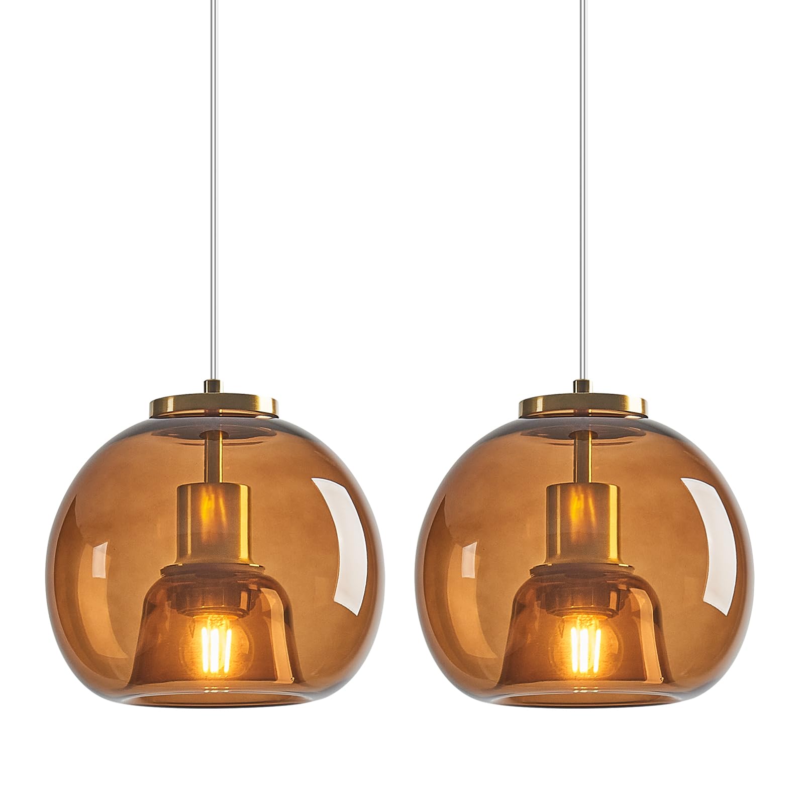 Lbsqj Brown Glass Pendant Lights Kitchen Island Gold Hanging Light Fixture Glass Globe Pendant Light Modern Pendant Lighting For Kitchen Island Bedroom Dining Room (7.87  2 Pack)