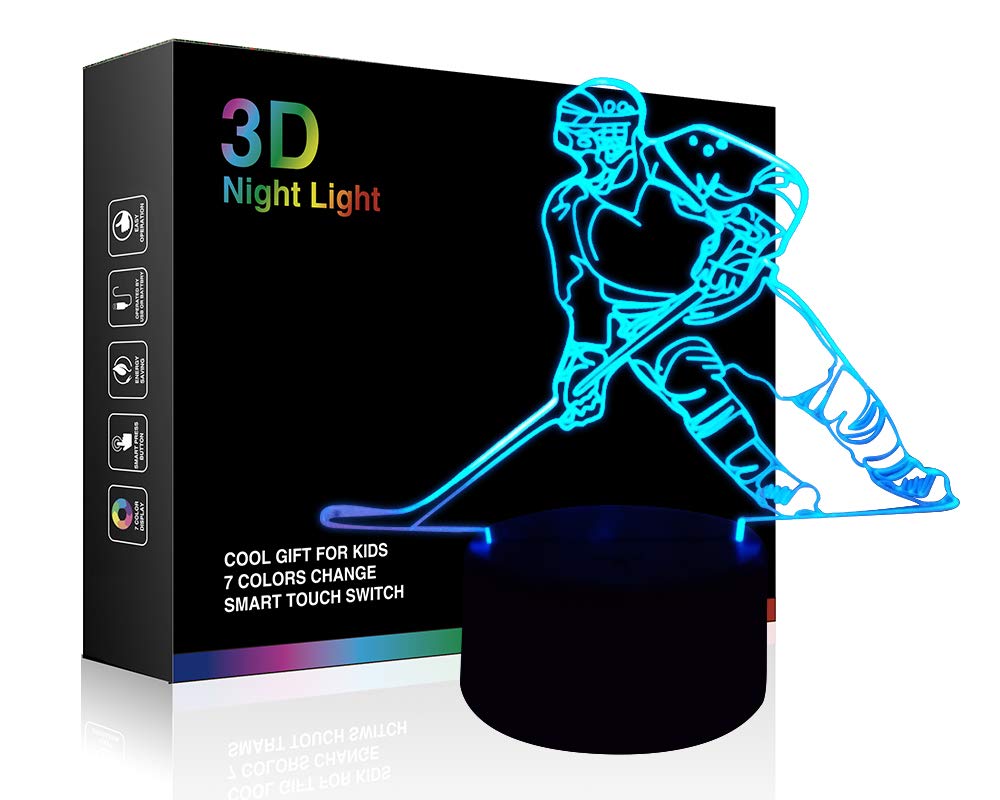 Wiscky 3D Hockey Player Lamp - 7 LED Color Changing Touch Table Lamp, Porcelain, Plastic, Metal, Glass, Cool Gift for Sports Fans