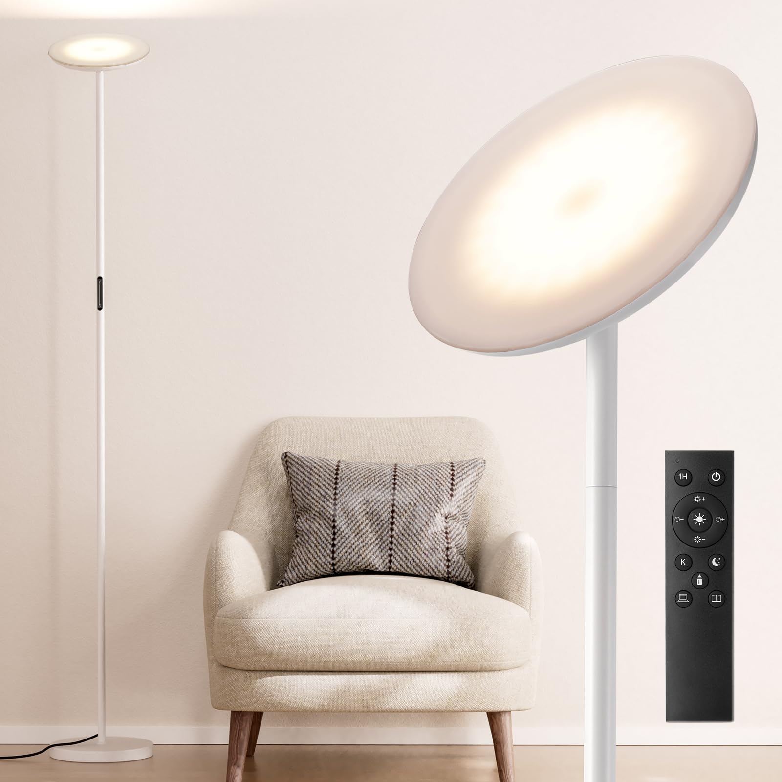 PreeOtti Modern LED Floor Lamp - Remote & Touch Control, Dimmable, 3 Color Temperatures, Large, White
