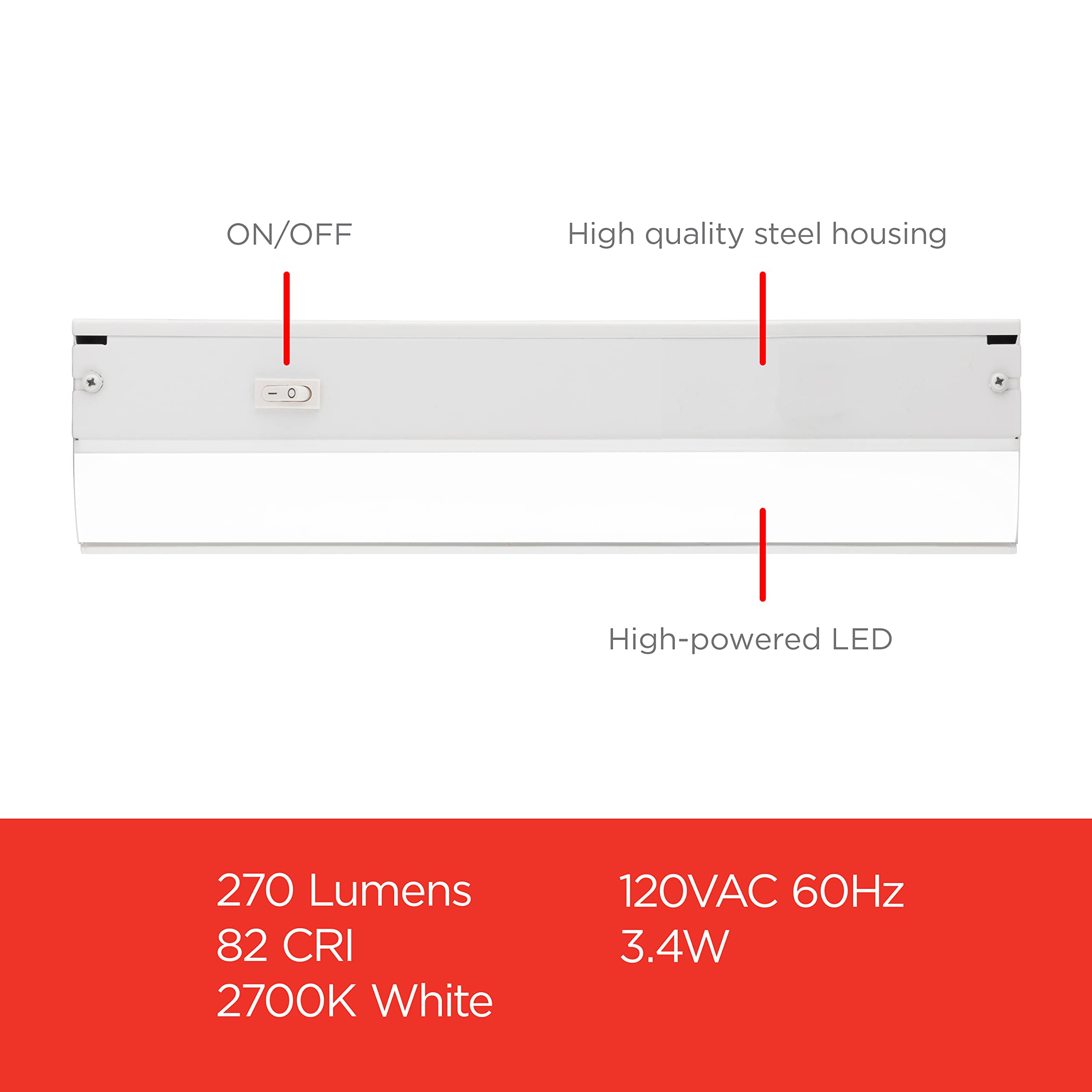 Ultrapro 12&quot; Hardwired Under Cabinet Lights, 2700K Warm White, Kitchen Lighting, White Plastic