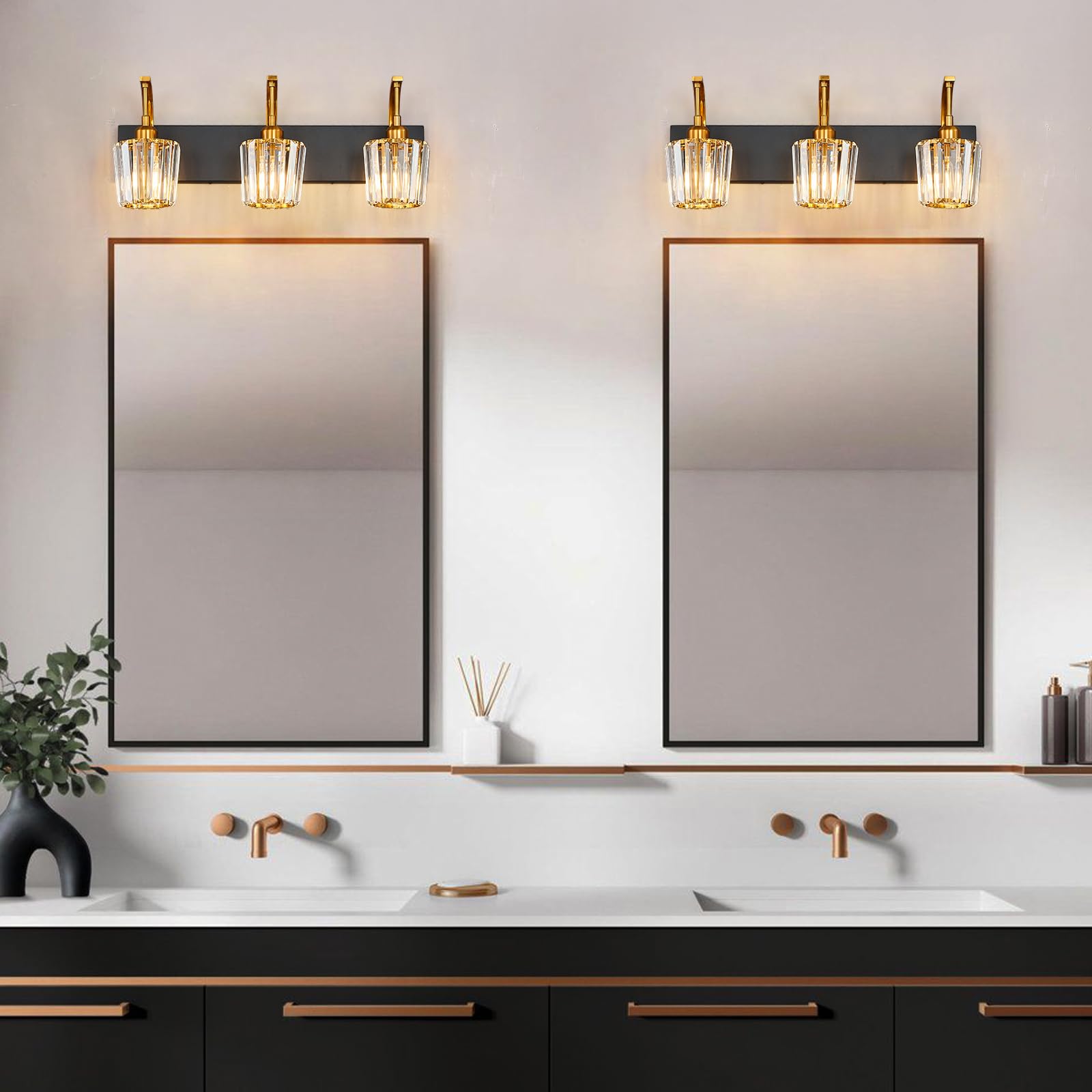 Fdpby Modern Bathroom Vanity Light  3-Light Black Gold Wall Sconce With Crystal Accents  Over Mirror Bathroom Lighting Fixture  23.62 Long Dimmable Vanity Lamp For Makeup  Easy Installation