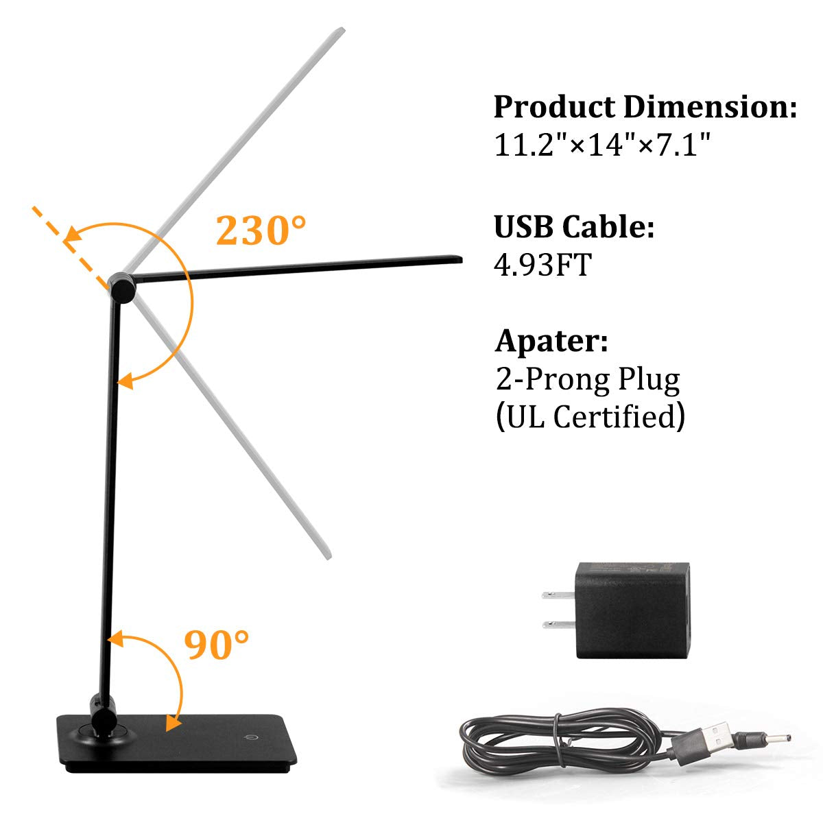 Dott Arts LED Desk Lamp - Touch Control, 3 Brightness Levels, Adjustable Arm, Foldable, Black, Model DL-701