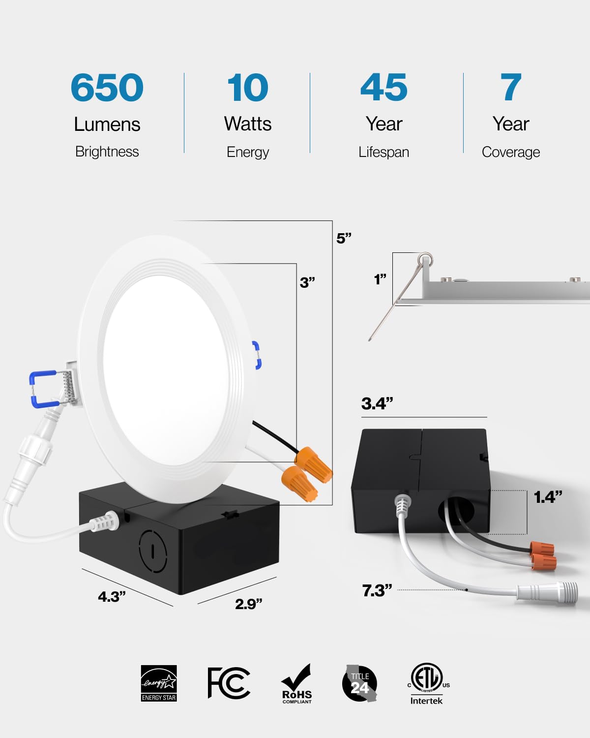 Sunco 24 Pack 4 Inch Led Recessed Lights, Ceiling Canless Recessed Light, Baffle Trim, 650 Lm, 10W (60W Equivalent), 5000K Dayli