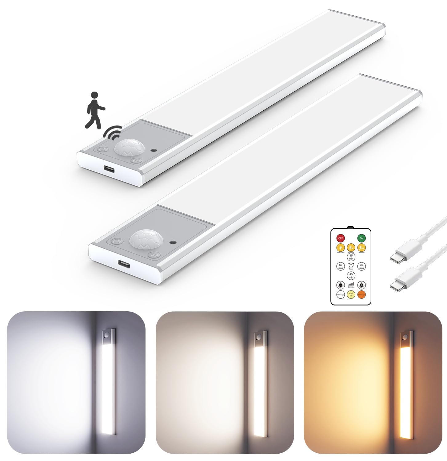 Skairipa 8in Motion-Activated Under Cabinet Lights, Aluminum, 2Pack, Silver, Rechargeable, 3 Color Temps, Model SN00206