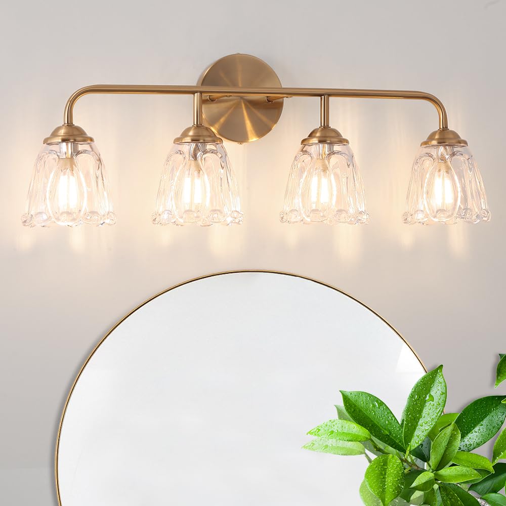 Vintage Brass Gold Vanity Lights For Bathroom, 4-Light Bathroom Lighting Fixtures Over Mirror, Elegant Flower Glass Bathroom Van