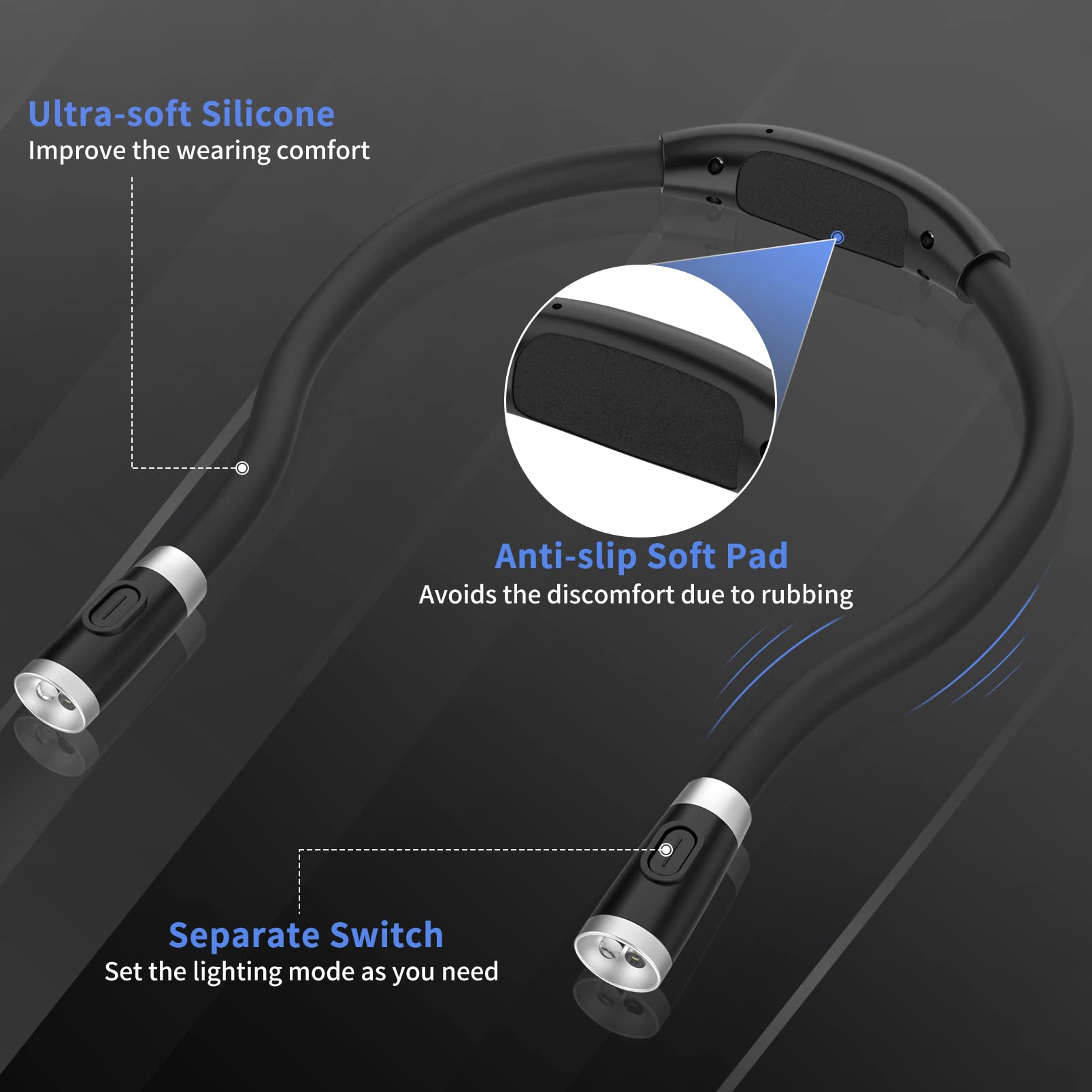 LEDGLE Neck Rechargeable Knitting Light - 3 Brightness Levels, Flexible Silicone Arms, Hands-Free Braiding Light, Black