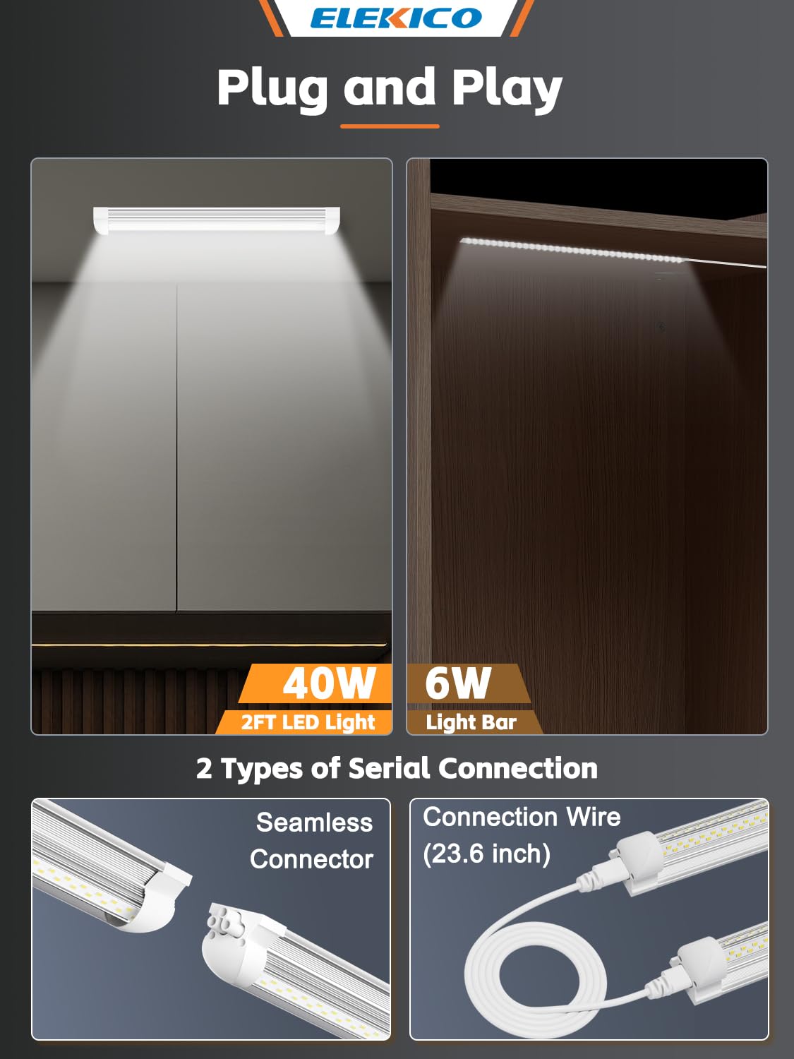 Elekico 4 Pack 2Ft Led Shop Lights, 6000K 40W 5600Lm 24 Inch Led Light Fixture Power Cord Wth On/Off Switch, Linkable 2Ft Led Sh