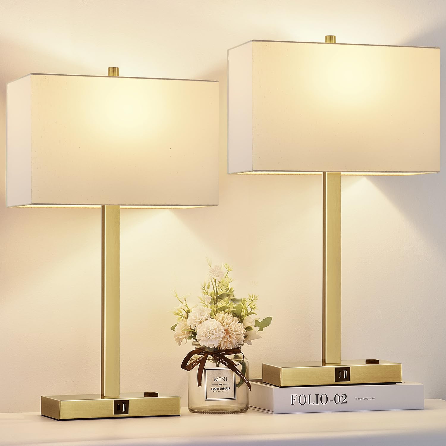 21'' Set of 2 Touch Control Table Lamps with 2 USB & AC Outlets, 3-Way Dimmable Modern Nightstand Lamps for Bedroom Living Room 