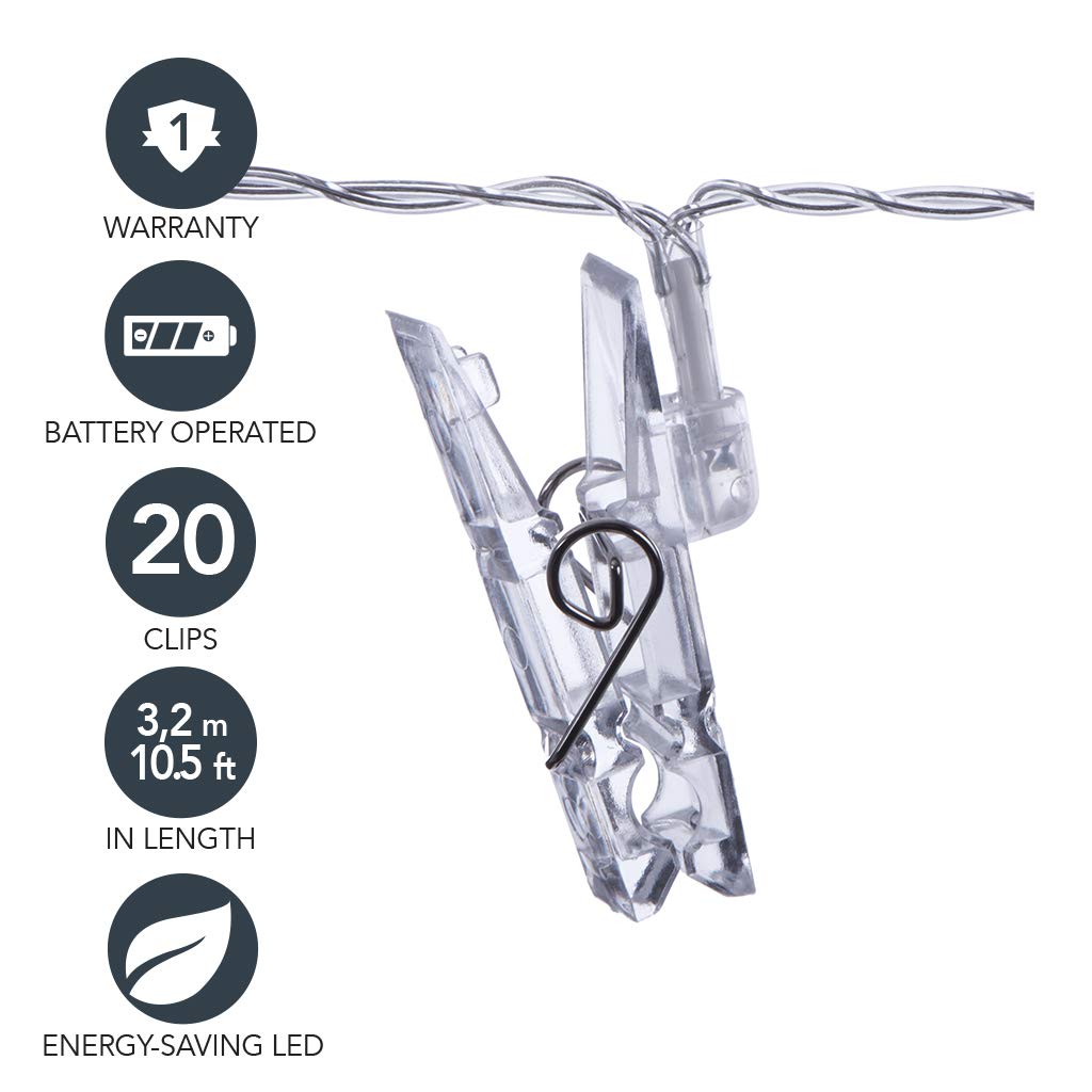 Sterno Home LED Battery-Operated Clip String Lights, 10.5 Feet, Warm White, Model GL42589, Plastic