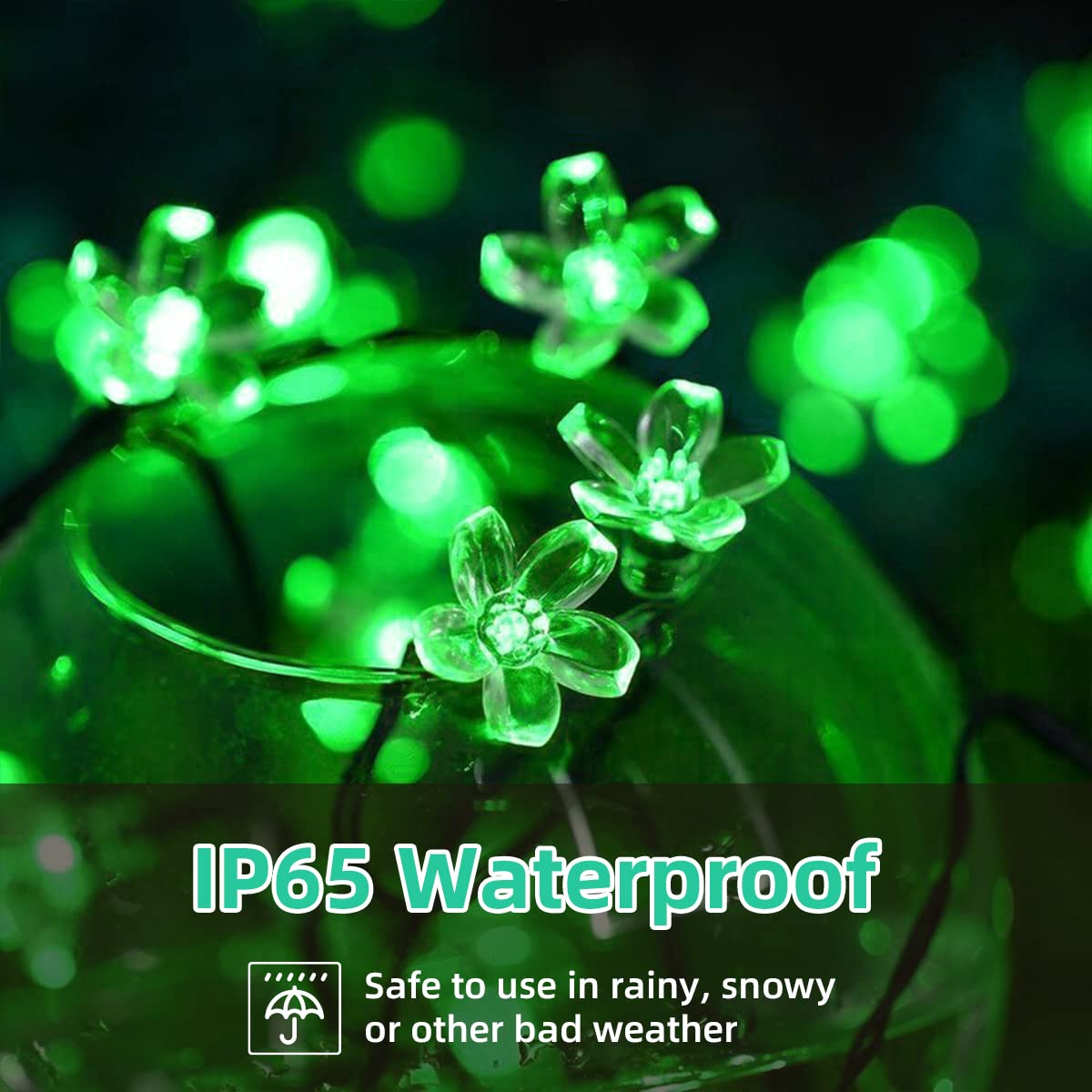 Iticdecor Solar Flower String Lights, 50 Led Green Waterproof Fairy Lights For Outdoor Garden, Patio, Fence, Spring Decor
