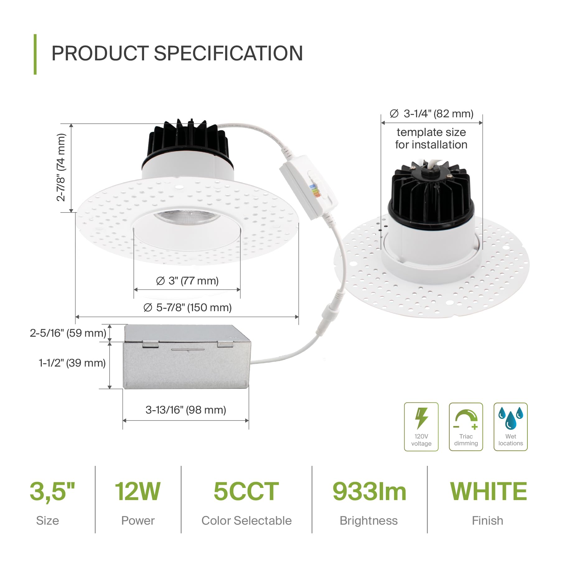 ASD Trimless 3 Inch LED Recessed Light, 12W, Dimmable, 5 CCT 2700K-5000K, IC Rated, White, 18