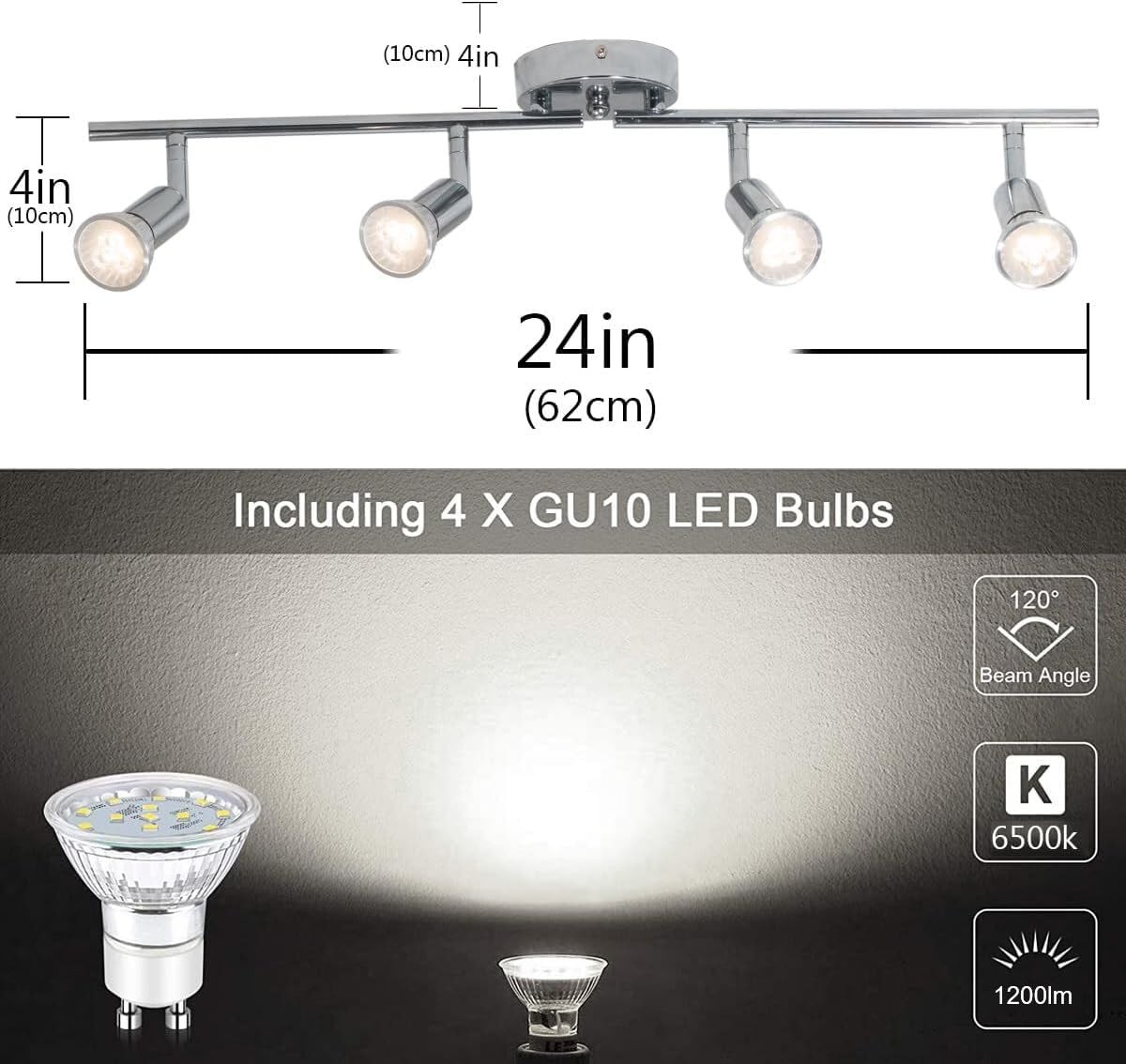 Qcyuui Modern 4-Light Track Lighting Kit, Flush Mount Wall/Ceiling Spot Lights Fixture, Led Track Lighting With Chrome Rotatable