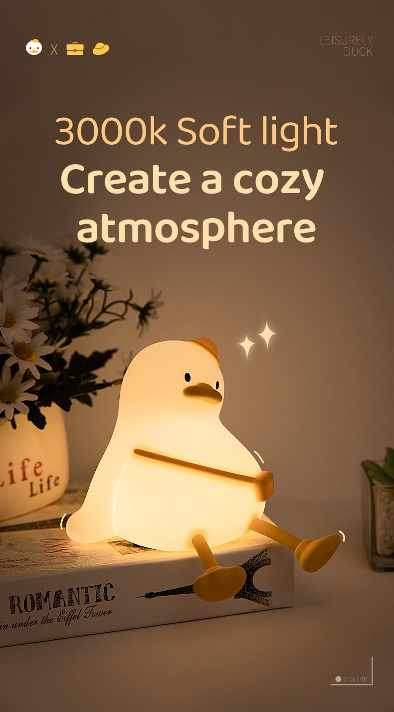 Atsui Duck Night Light  Cute Led Squishy Novelty Animal Night Lamp  Food Grade Silicone  3 Level Dimmable Rechargeable Nursery Nightlight For Breastfeeding Toddler Baby Kids  Cute Gifts For Kids
