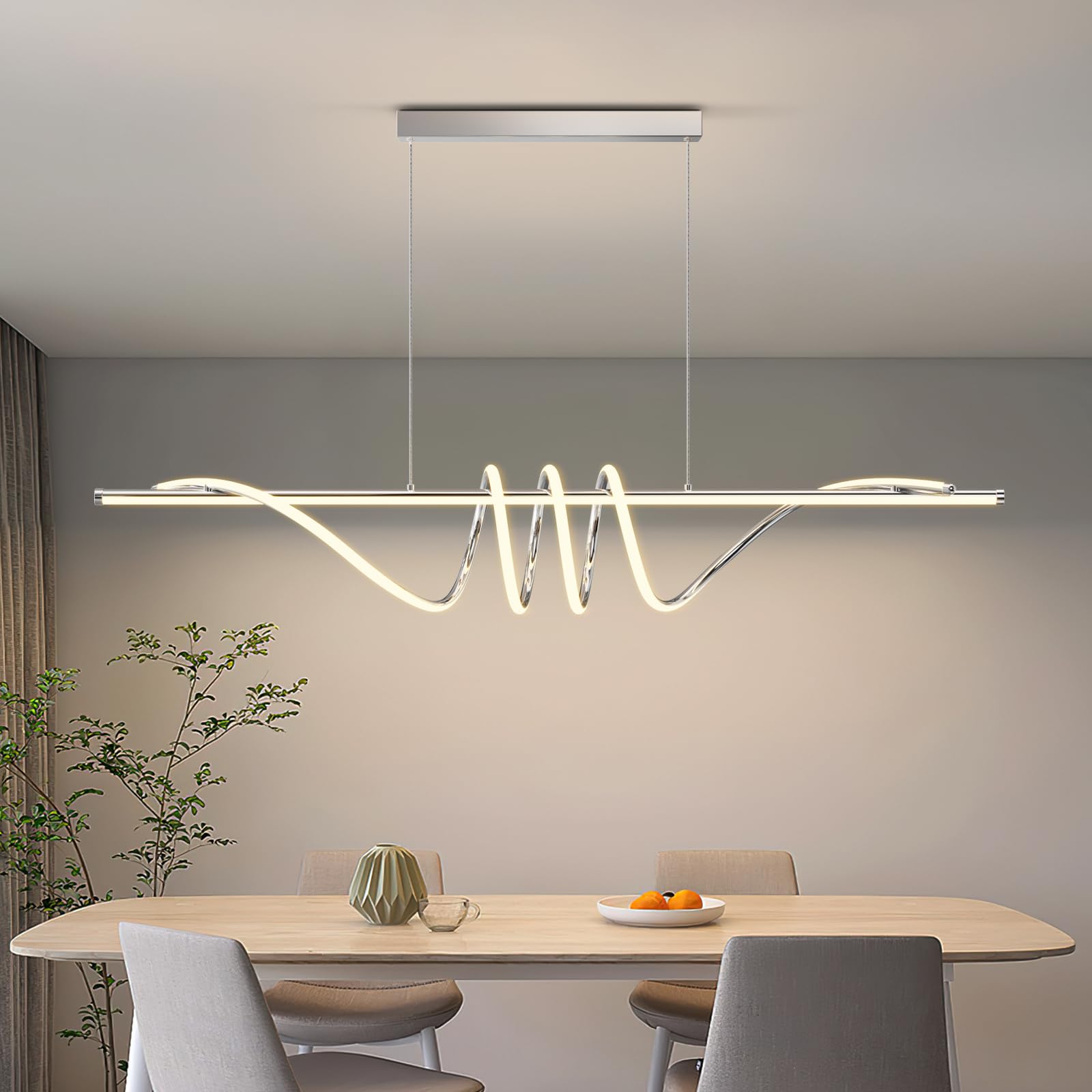 Zihoi Modern LED Pendant Light Fixture, Dimmable with Remote, 57in, Aluminum, Chrome Silver, Adjustable Color for Kitchen, Dining, Living