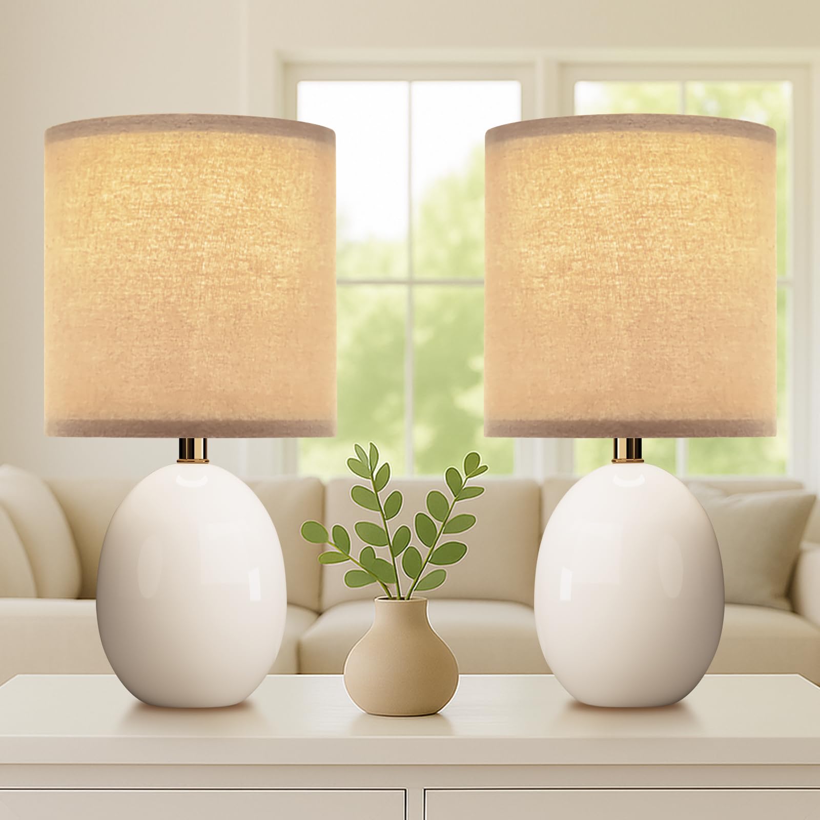 Dawnwake 18.5 Table Lamp Set of 2 for Living Room Bedroom  Bedside Lamps for Night Stands  Desk Nightstand Lamp Dimmable  Modern Linen Cream Ceramic Lamps (White-B)