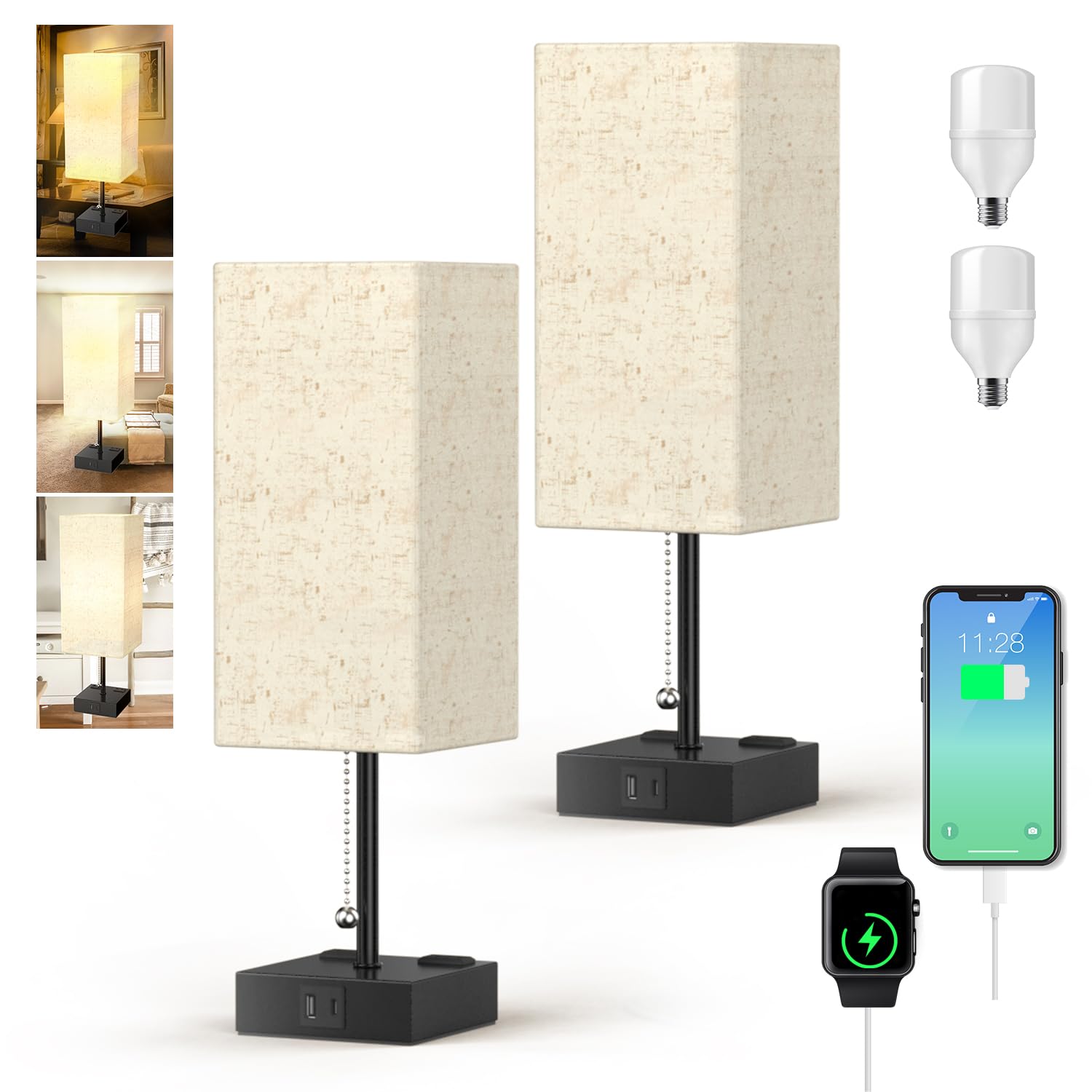 YIDPU Table Lamp for Bedroom with USB,Bedside Lamp with USB C+A Charging Ports,Adjustable 3color LED Light for Home Decor/Nights