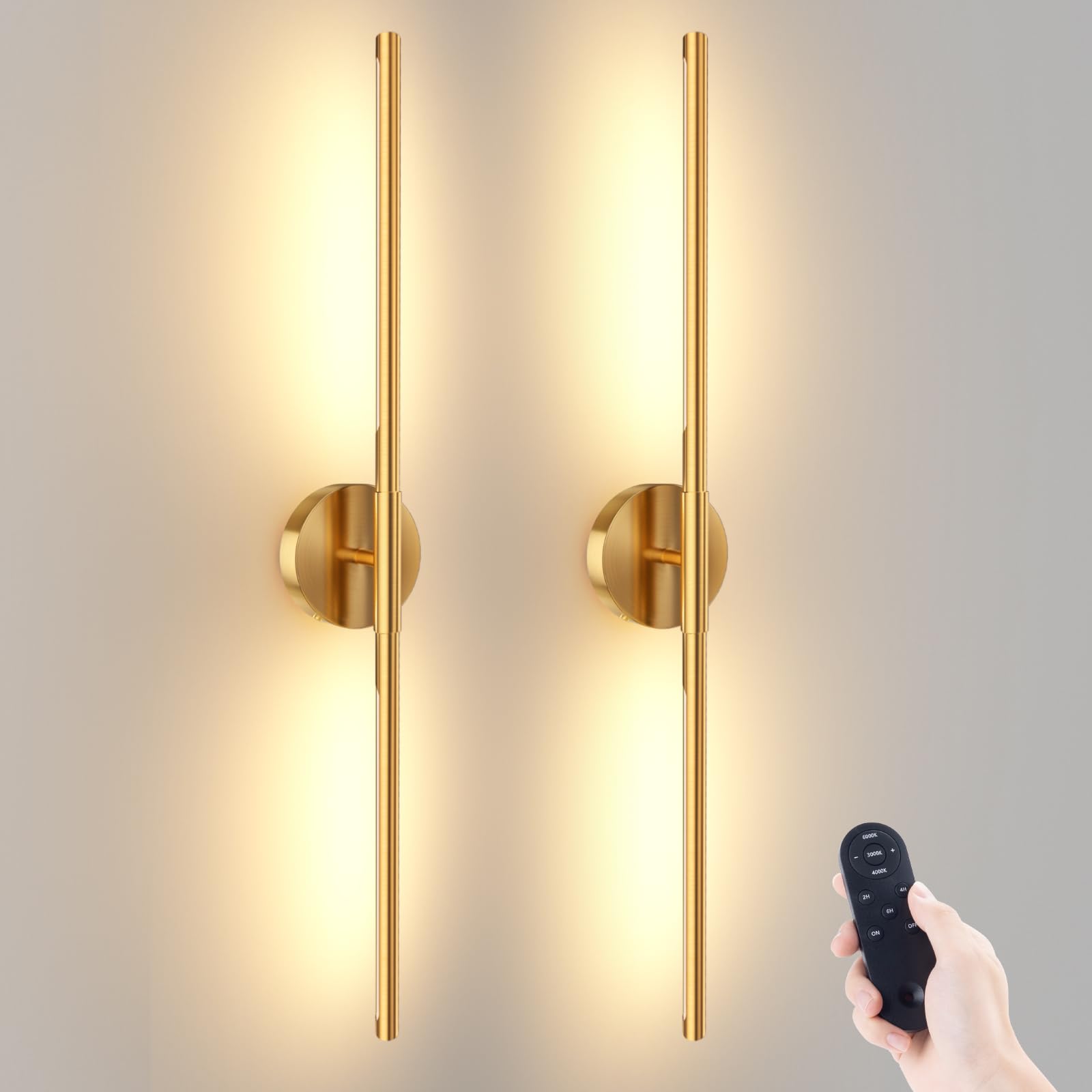 JOFIOS Battery Operated Wall Sconces Set of 2, 34.7 Inch, Dimmable, Wireless Rechargeable, Gold, Model JFS61244