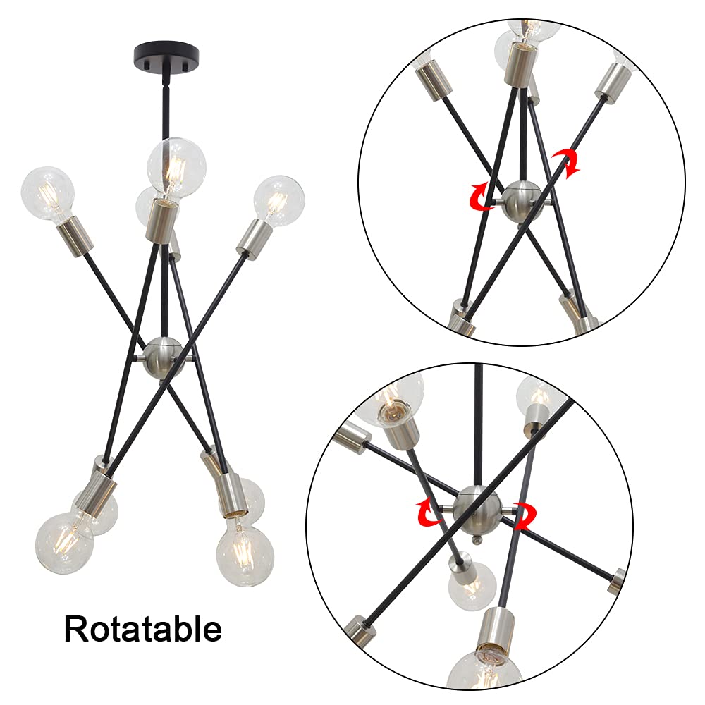 BONLICHT 8 Lights Sputnik Chandelier Pendant Light, Black and Brushed Nickel, Model 3003-10BR, Mid Century Modern Industrial Style