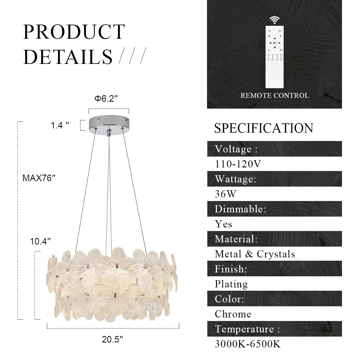 Poemoon Elegant Led Crystal Chandelier 20'' Chrome Contemporary Flower Flush Mount Dimmable Chandelier Light Fixture With Remote