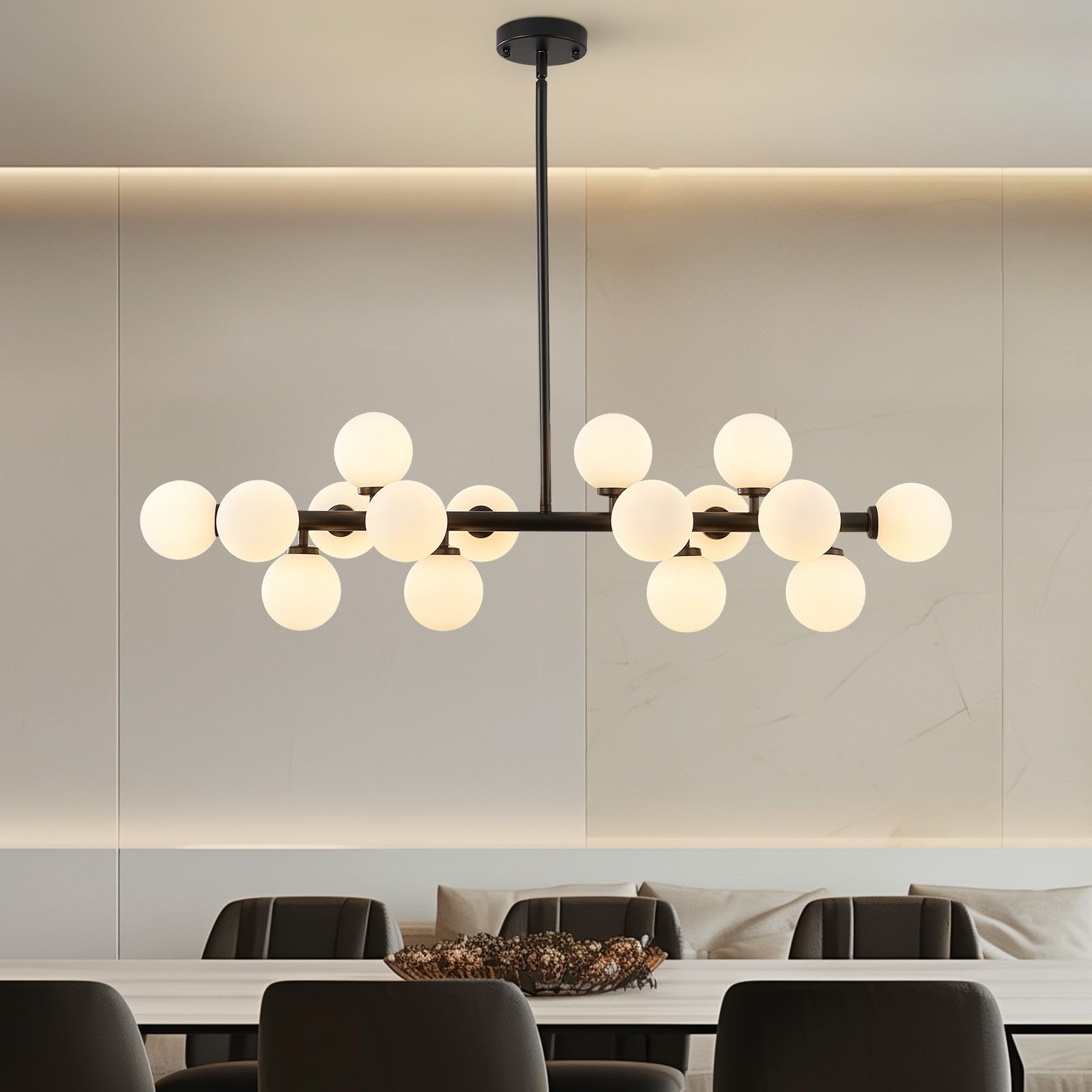 PiWWPi Modern Linear Chandeliers for Dining Room, 8-Light Globe Sputnik Pendant Ceiling Light, Black Dining Room Light Fixture O