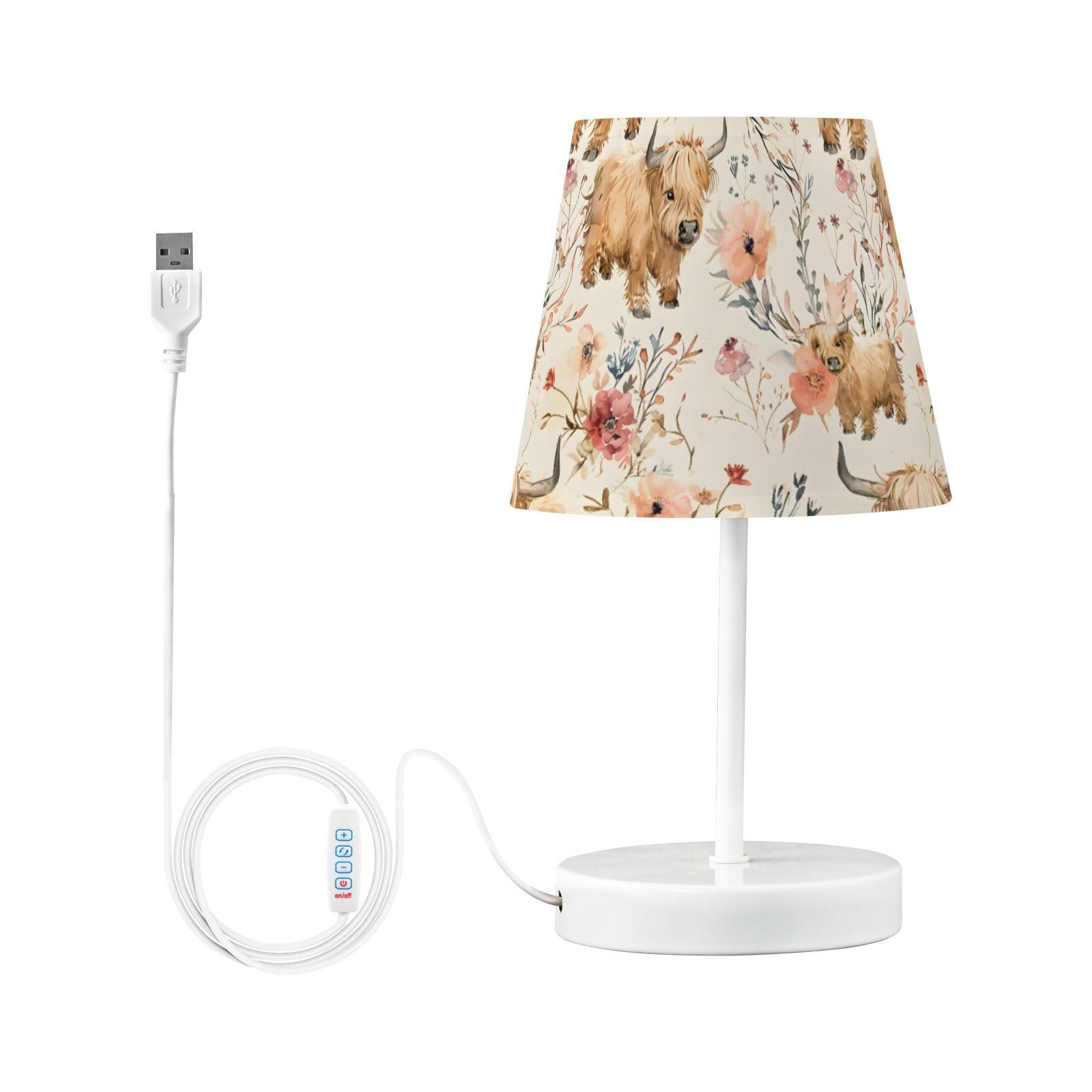 BOENLE Bedside Lamp Cute Highland Cows Flowers Table Lamp Bedroom LED Nightstand Desk Lamp Lampshade for Sleeping Living Room Do