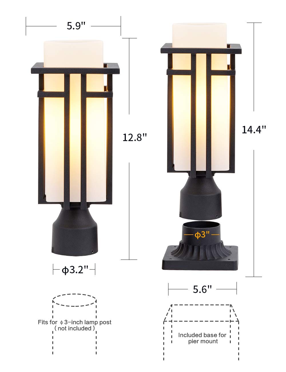 Eeru Outdoor Post Lights Waterproof Metal Frame With Milk White Frosted Glass, Pier Mount Outdoor Lighting Fixtures(With 3-Inch