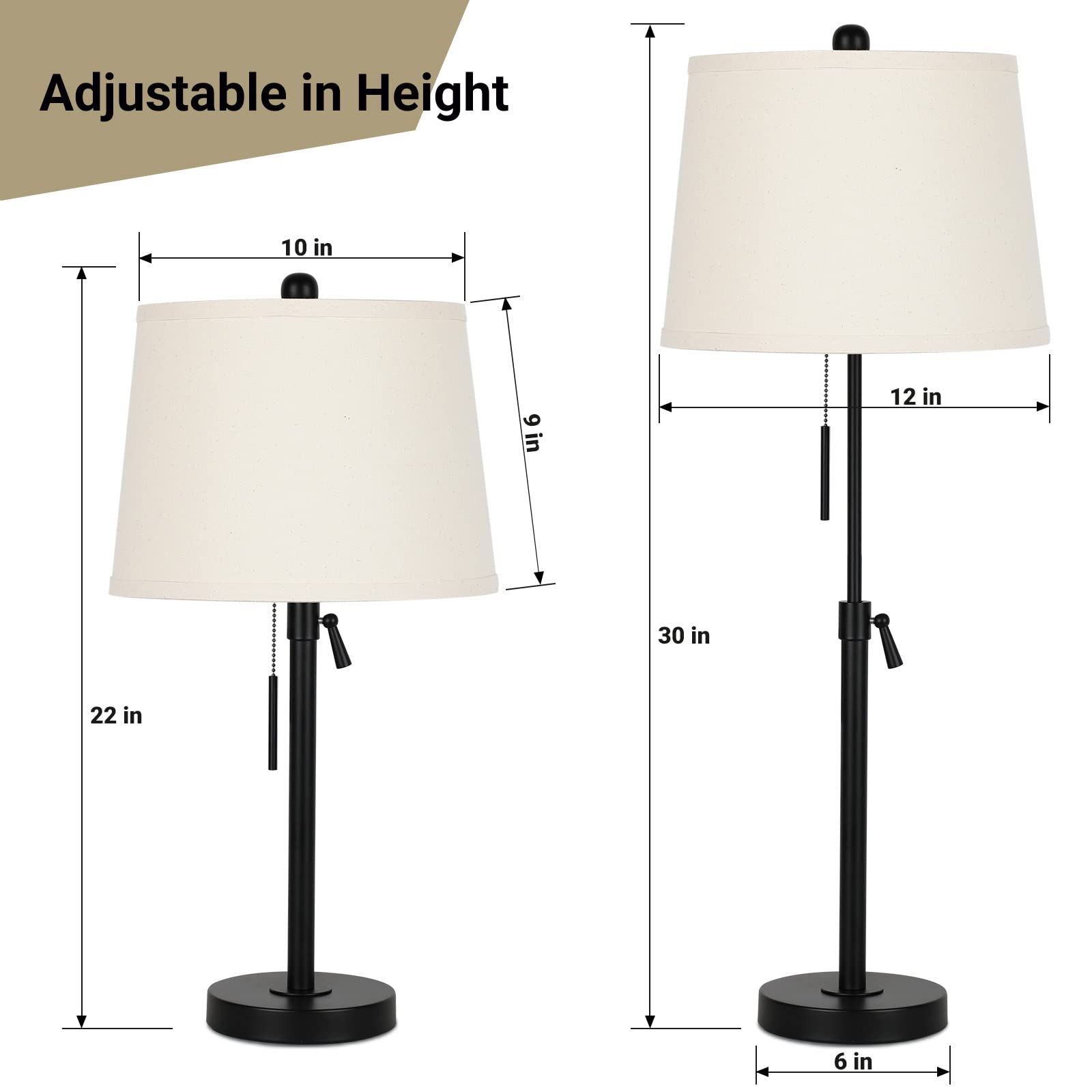 Bedside Table Lamps Set Of 2: Tall Black Table Lamps For Living Room End Table | Height Adjustable 3-Way Dimmable Nightstand Lamp With Pull Chain Switch Modern Lamps For Bedroom Office(Bulbs Included)