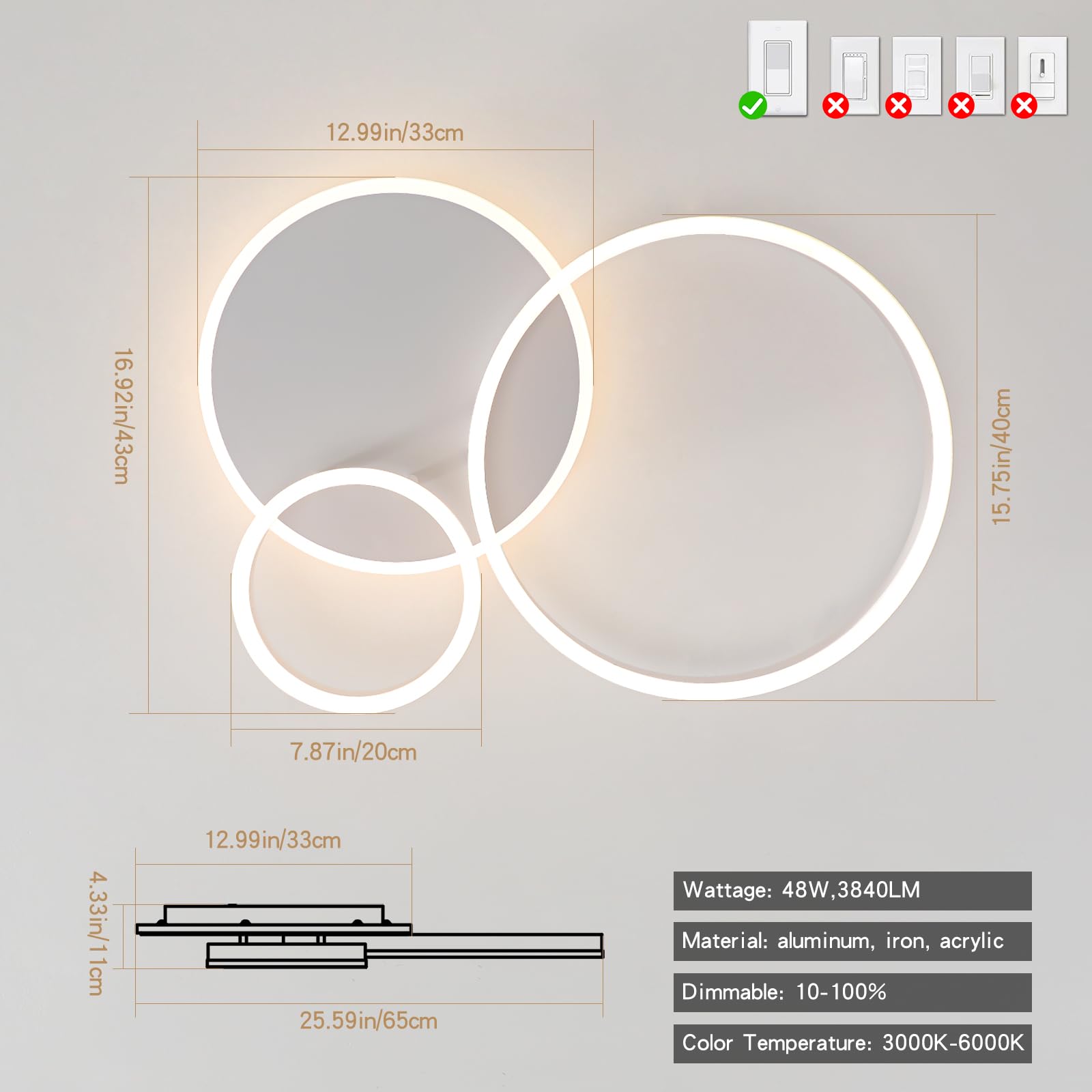 ONEELDY Modern Chandelier Lamp, Dimmable 3-Light LED Flush Mount, 25.59in White, Ideal for Small Room, Kitchen, Bedroom