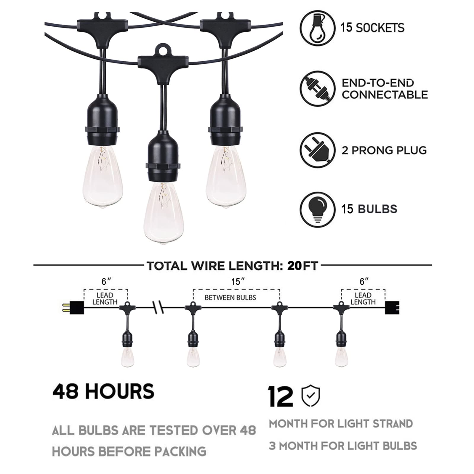 Afirst Outdoor String Lights Waterproof 20Ft With 15 Glass Bulbs, Connectable Patio Lights For Garden Backyard Porch Holiday