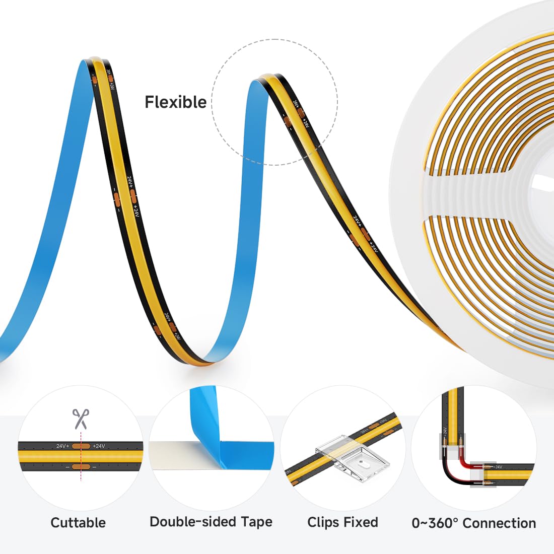 Btf-Lighting Fcob Cob Led Strip 8W/M 16.4Ft Dc24V Warm White 3000K Flexible High Density Uniform Light Cri 90+ 8Mm Width Led Ribbon Black Pcb For Indoor Decor(No Adapter Or Controller)