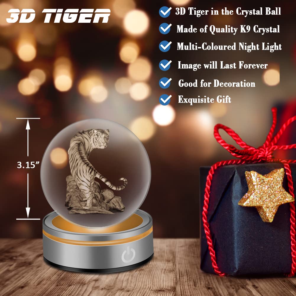 Ifolaina Tiger Gifts 3D Crystal Ball White Tiger Figurine Lamps Decorations Statue Present