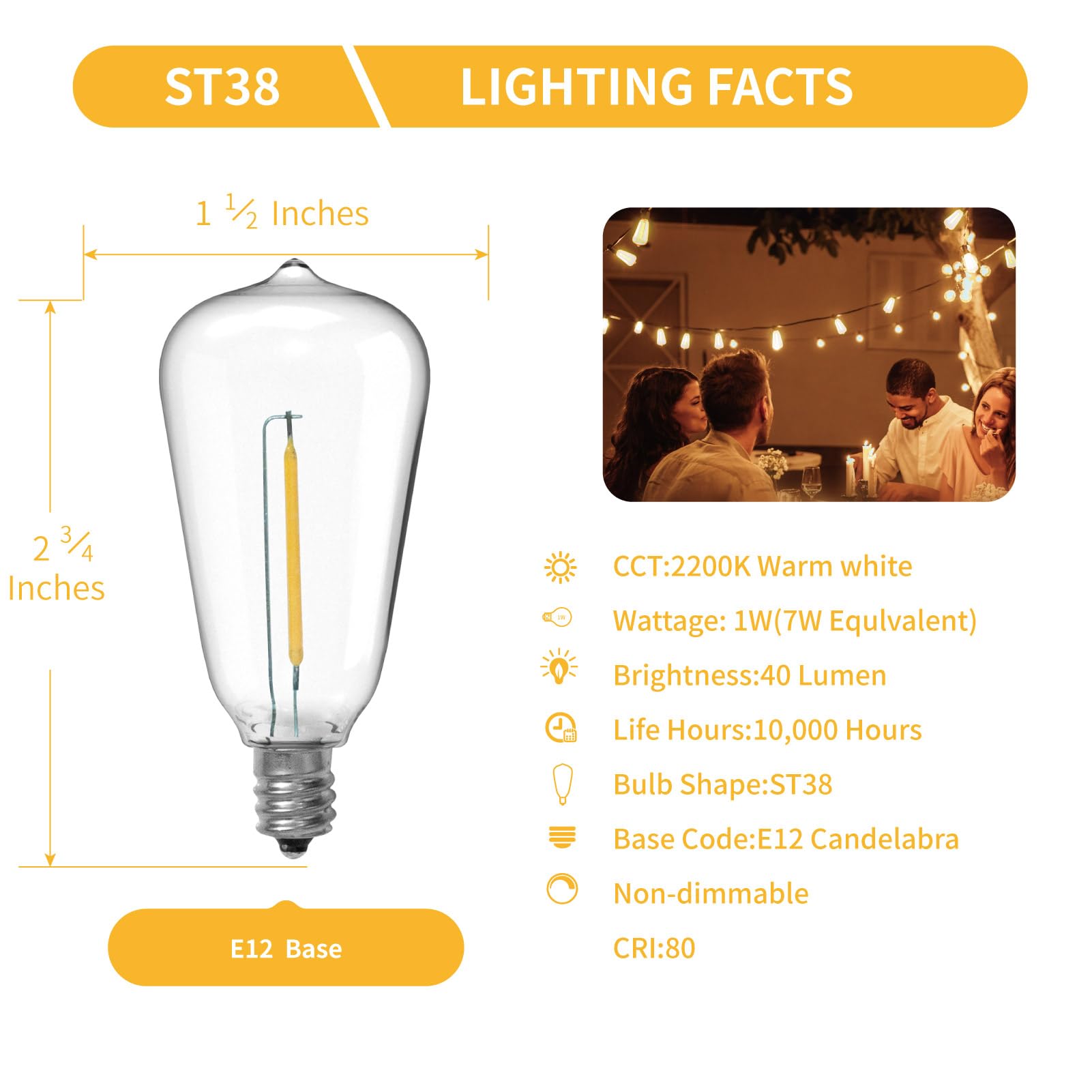 VISTERLITE ST38 LED Replacement Bulbs, 1W Equivalent to 7W Incandescent, Warm White, Shatterproof, 50 Pack, E12 Screw Base