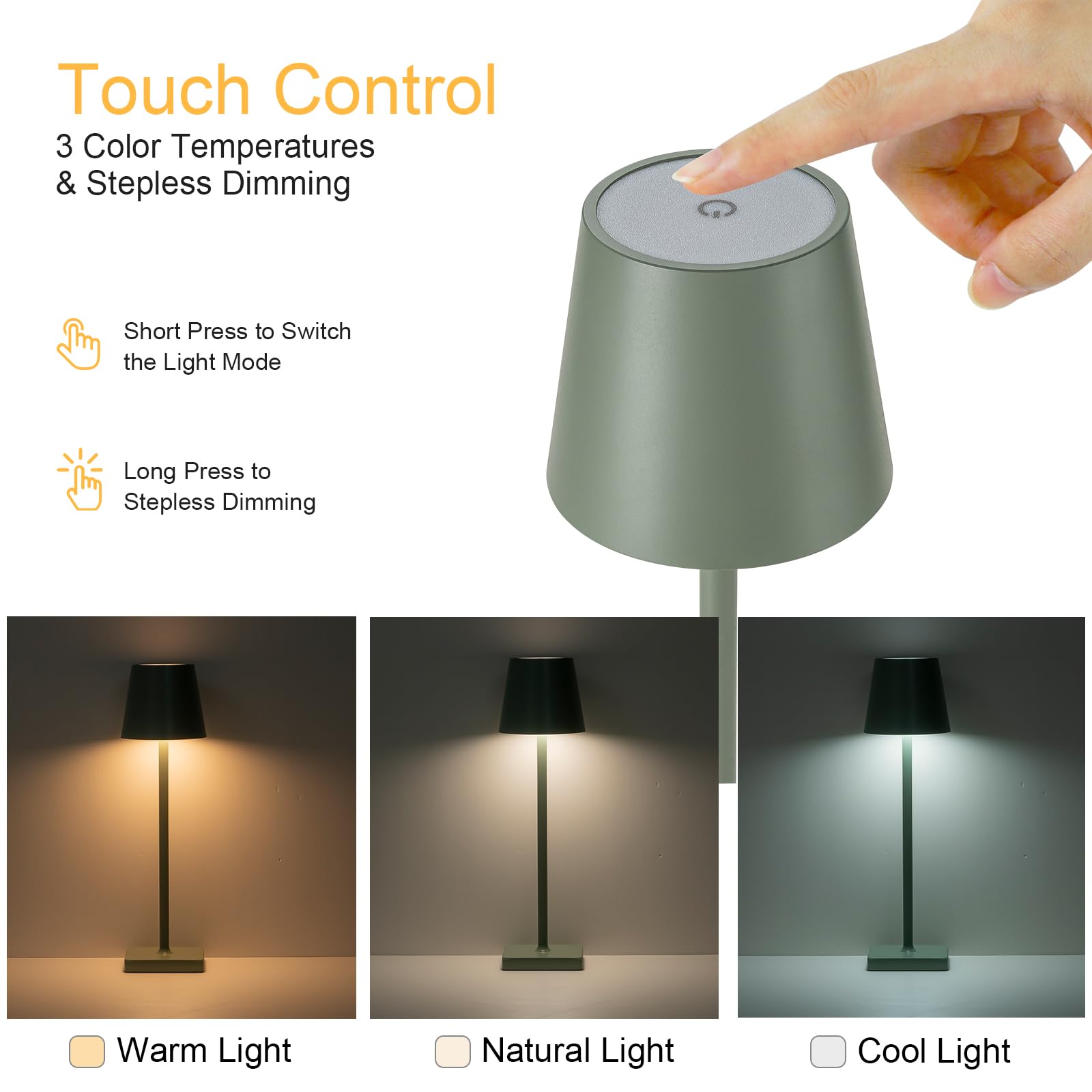 kelary Cordless Table Lamp 2 Pack Rechargeable LED Stepless Dimmable Aluminum Green