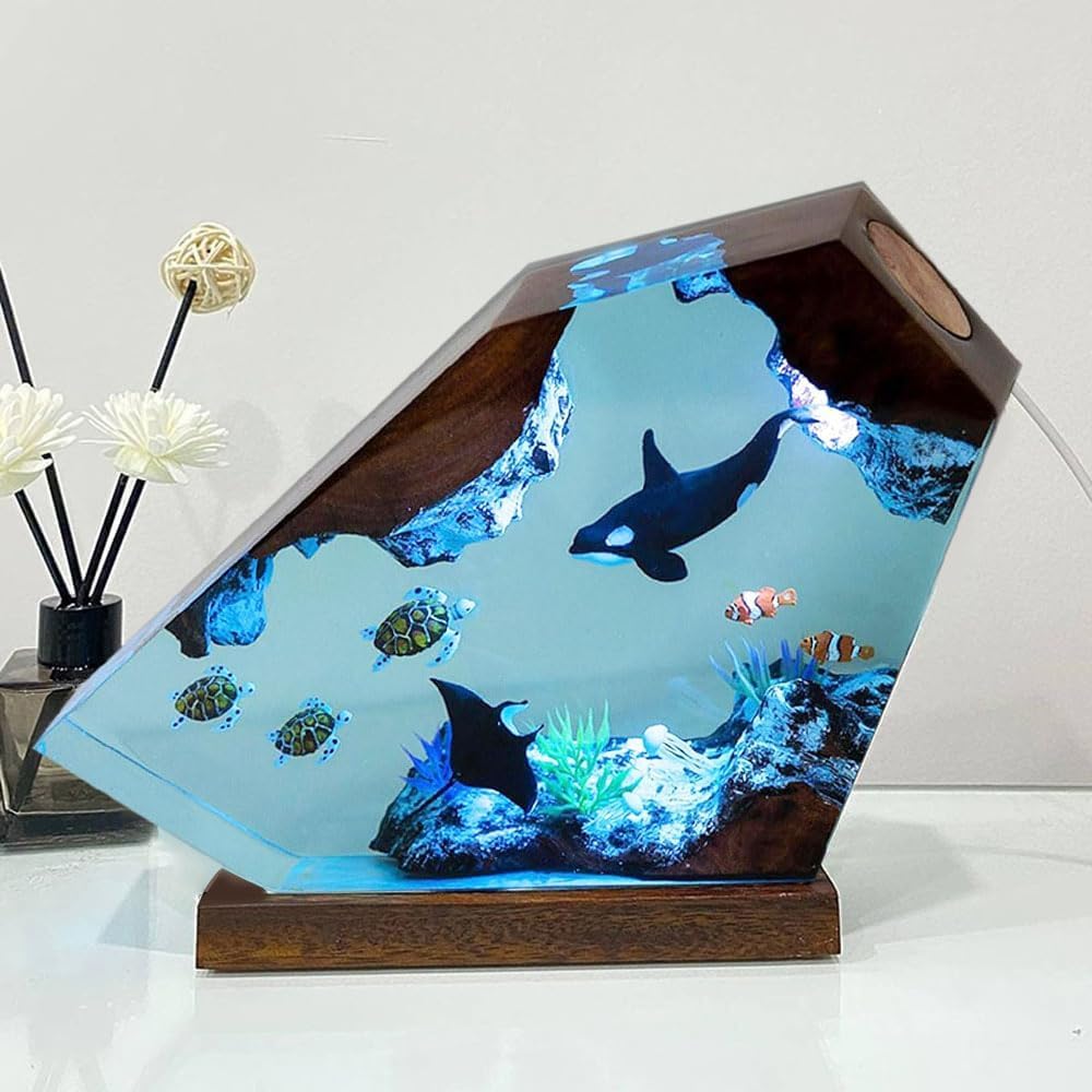 Orca Ocean Resin Lamp  Handmade Wooden Table Resin Night Light  Usb Port Art Ornaments For Home Office Decor  Scuba Diver Gifts For Birthday Holiday  Unique Thanksgiving Day And Christmas Gifts