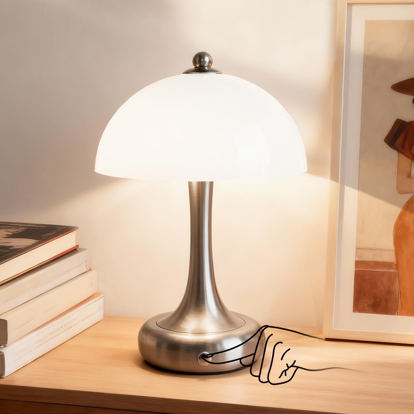Rechargeable Cordless Table Lamp, Mushroom Touch Lamp with 3-Way Dimmable Control, 3000mAh Battery Powered LED Desk Lamp, Small 