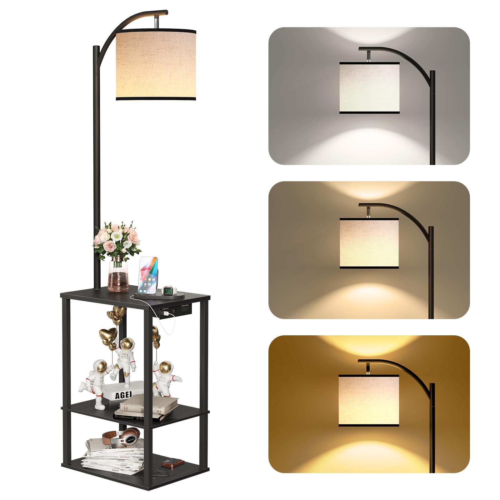 SUNMORY Floor Lamp with Table, 3 Color Temp LED Bulb, USB & AC Port, 15.75 x 11.81 x 59.06 inches, Black, Model P