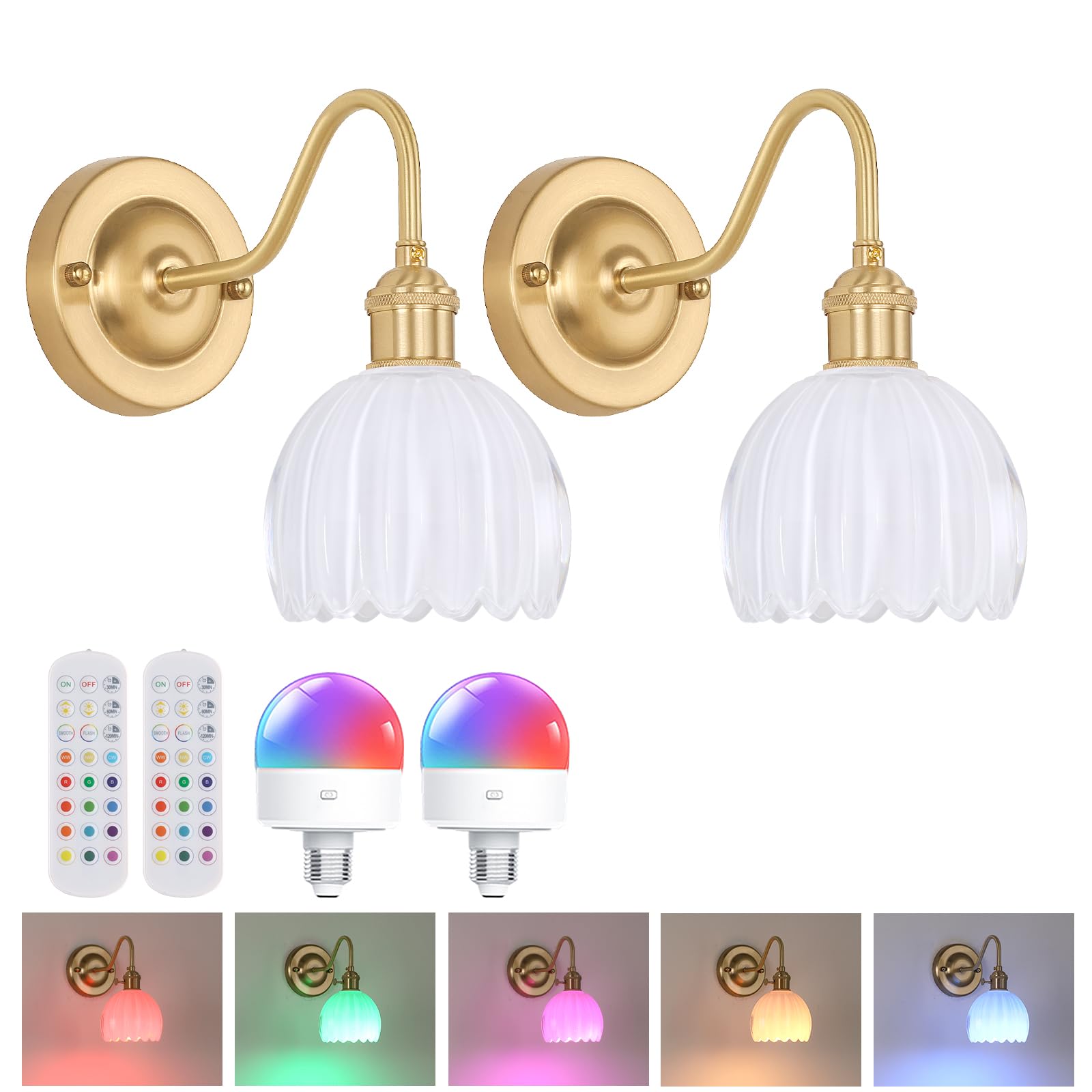 Shenmoyl Vintage Battery Operated Wall Sconce Set of 2, 5000mAh Rechargeable, Glass, Tulip White, Model 1-93772-wlamp