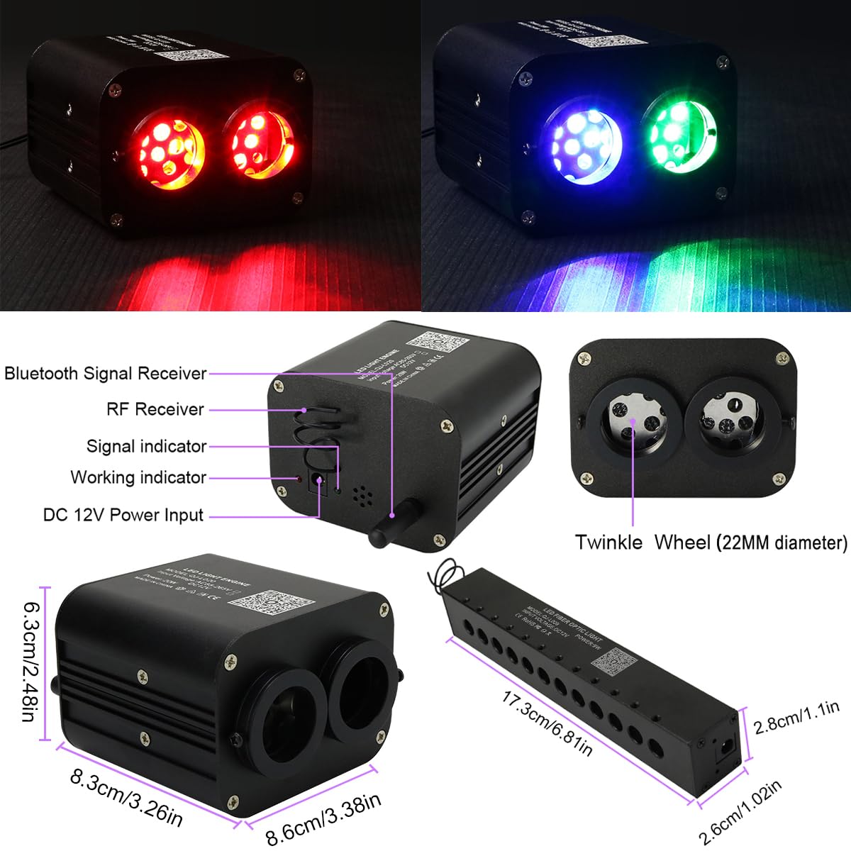 AZIMOM Dual Color Twinkle Fiber Optic Starlight Headliner Kit, 1200pcs 0.03in 13.1ft, RGB, Sound Activated, Model DUALCOLOR