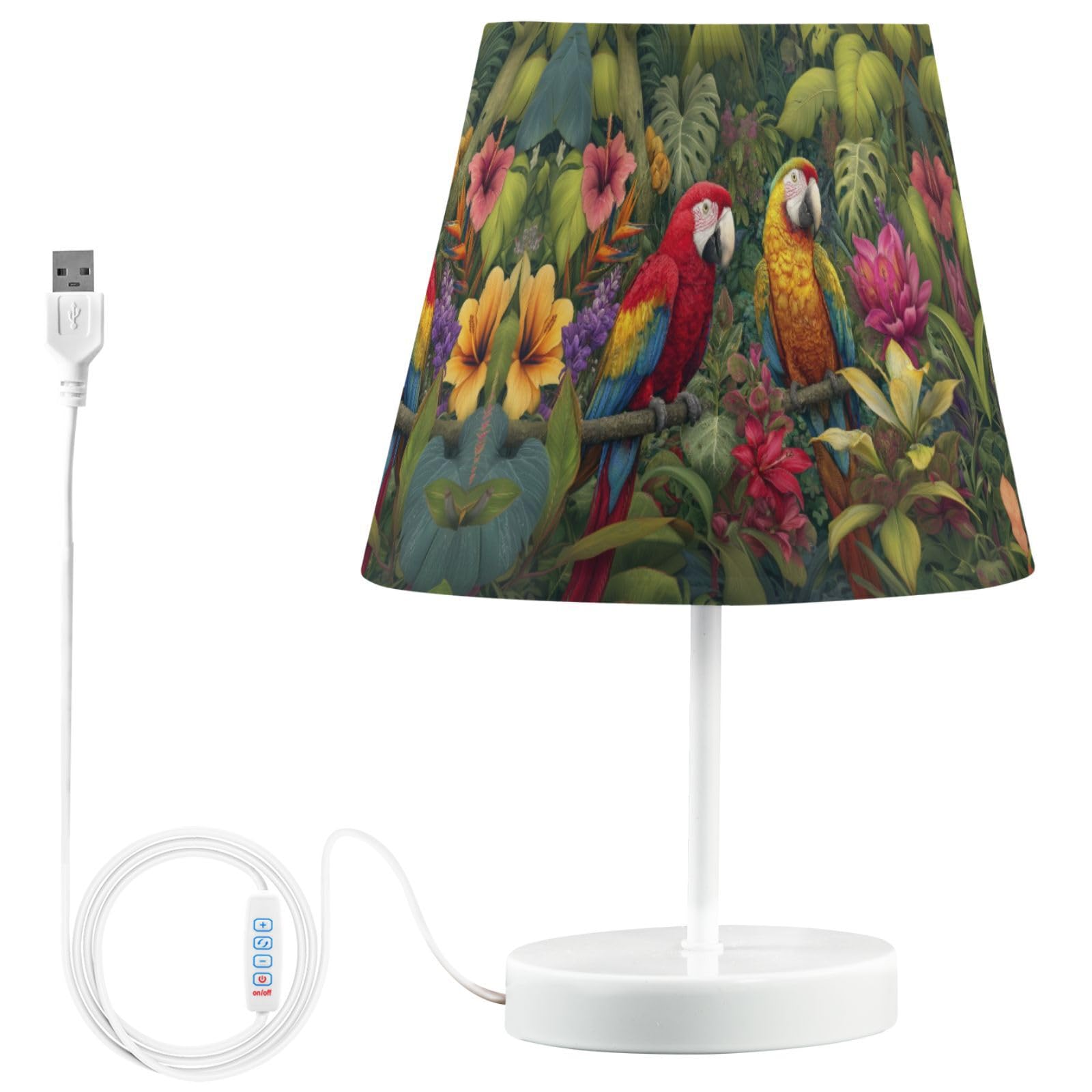 Peystean USB 3-Color Dimmable LED Table Lamp, Tropical Tree Leaves Colorful Parrots 12 High Linen Bedside Nightstand Light with 
