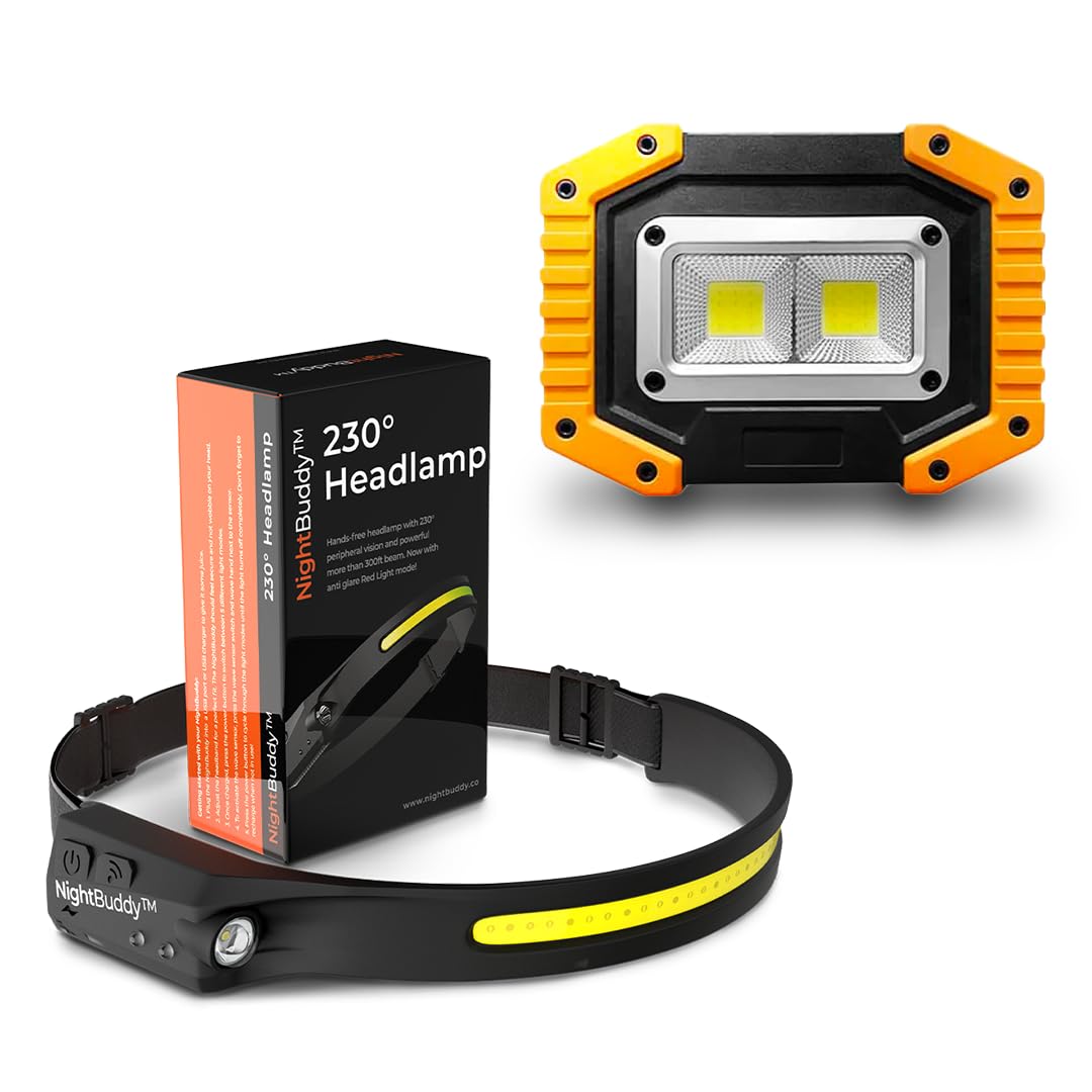 NightBuddy Original LED Headlamp Rechargeable Flashlight Adults Camping Essentials Backpacking Lights 4X Brighter Headband Lamp 5 Light Modes Hiking Gear Must Haves (Headlamp + Floodlight)