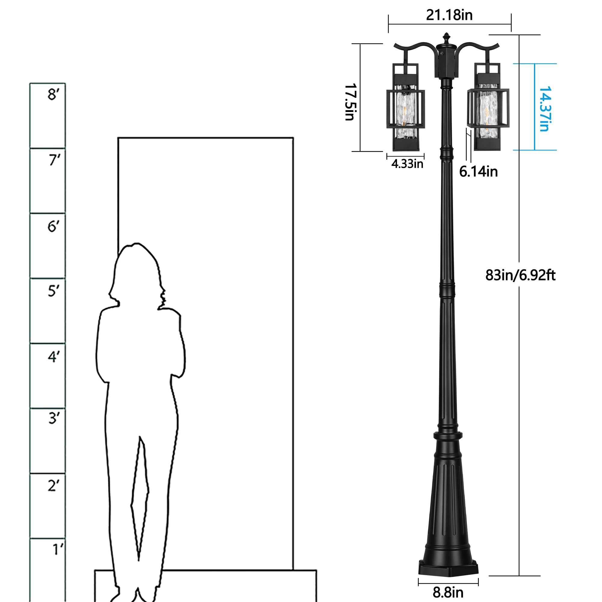 PARTPHONER Dusk to Dawn Outdoor Lamp Post Light, 2-Head, Metal, Black, Hardwired - Ideal for Garden, Patio, Walkway, Driveway