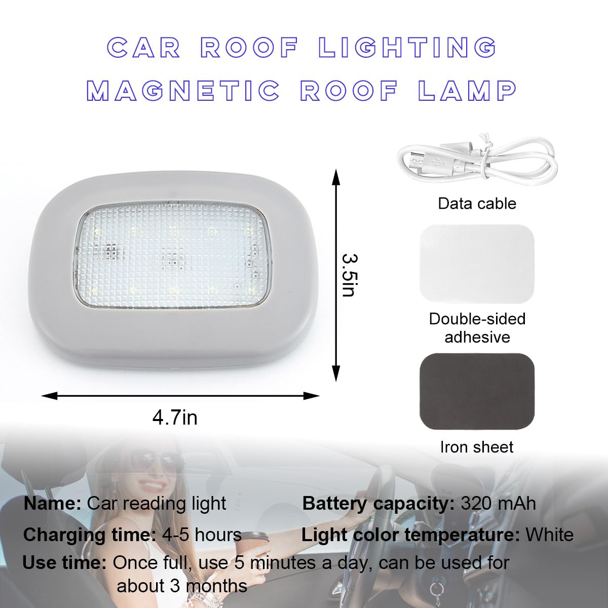 Ohleats Car Interior Ceiling Roof Light, Magnetic Rechargeable USB Dome Lamp, Gray, LED Map Reading Light