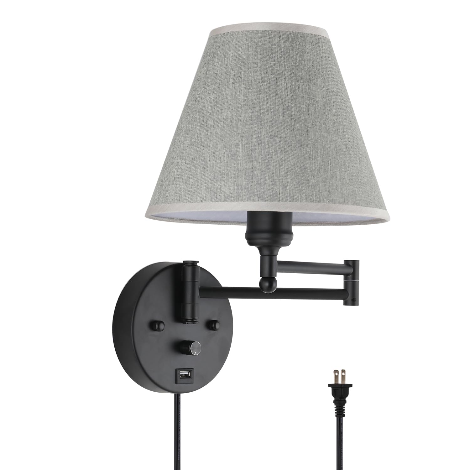 PULLCU Swing Arm Wall Lamp.Wall Mount lamp with Dimmable Switch.Plug in Wall Sconces with USB Charging Port. Black Sconces Wall 