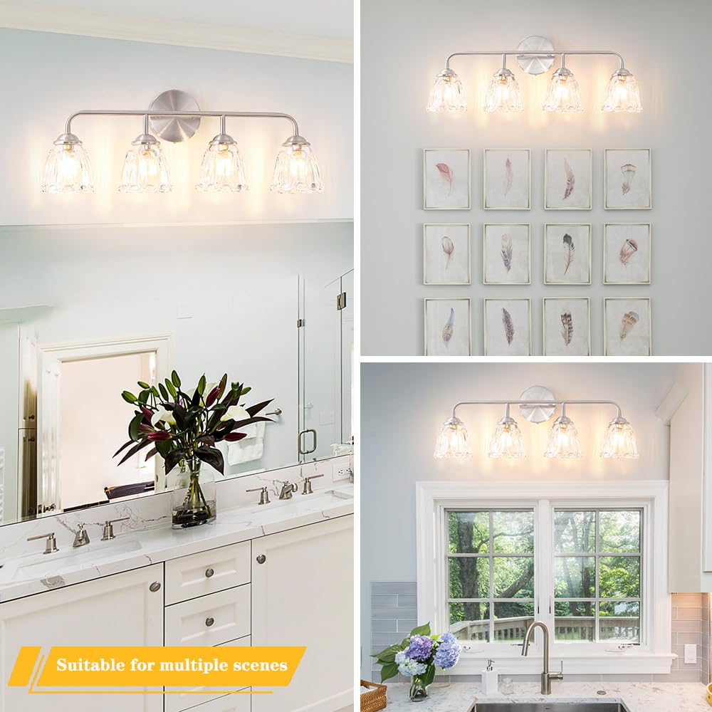 Daunton Vintage 4-Light Brushed Nickel Bathroom Light Fixtures, Elegant Bathroom Vanity Lights Over Mirror, Vanity Lighting For