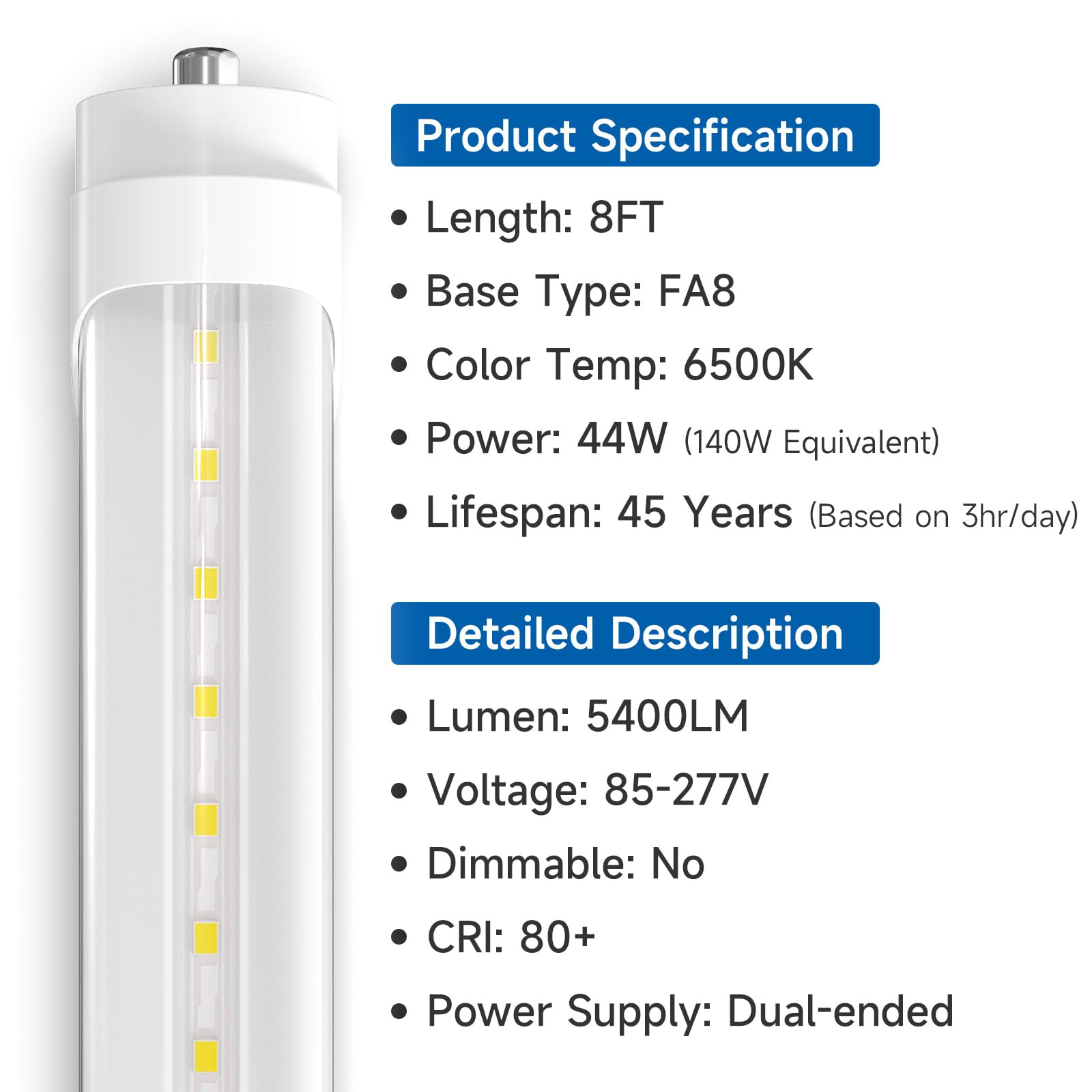 Shinestar 20-Pack 8Ft Led Bulbs, Ballast Bypass, 44W 6500K Daylight, F96T12 Led Replacement For T8 T10 T12 Fluorescent Tubes, Fa