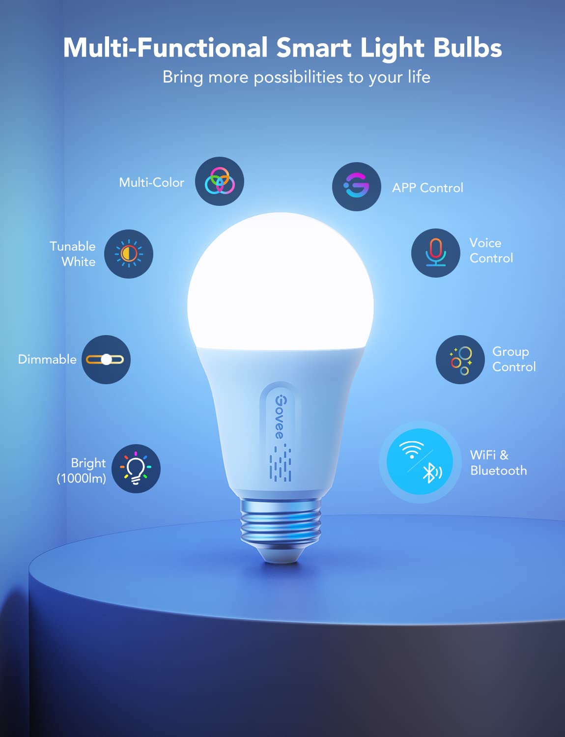 Govee LED Smart Light Bulbs, 1000LM RGBWW A19, Wi-Fi & Bluetooth, Dimmable, Multi-colored, 2 Pack, Model H6006